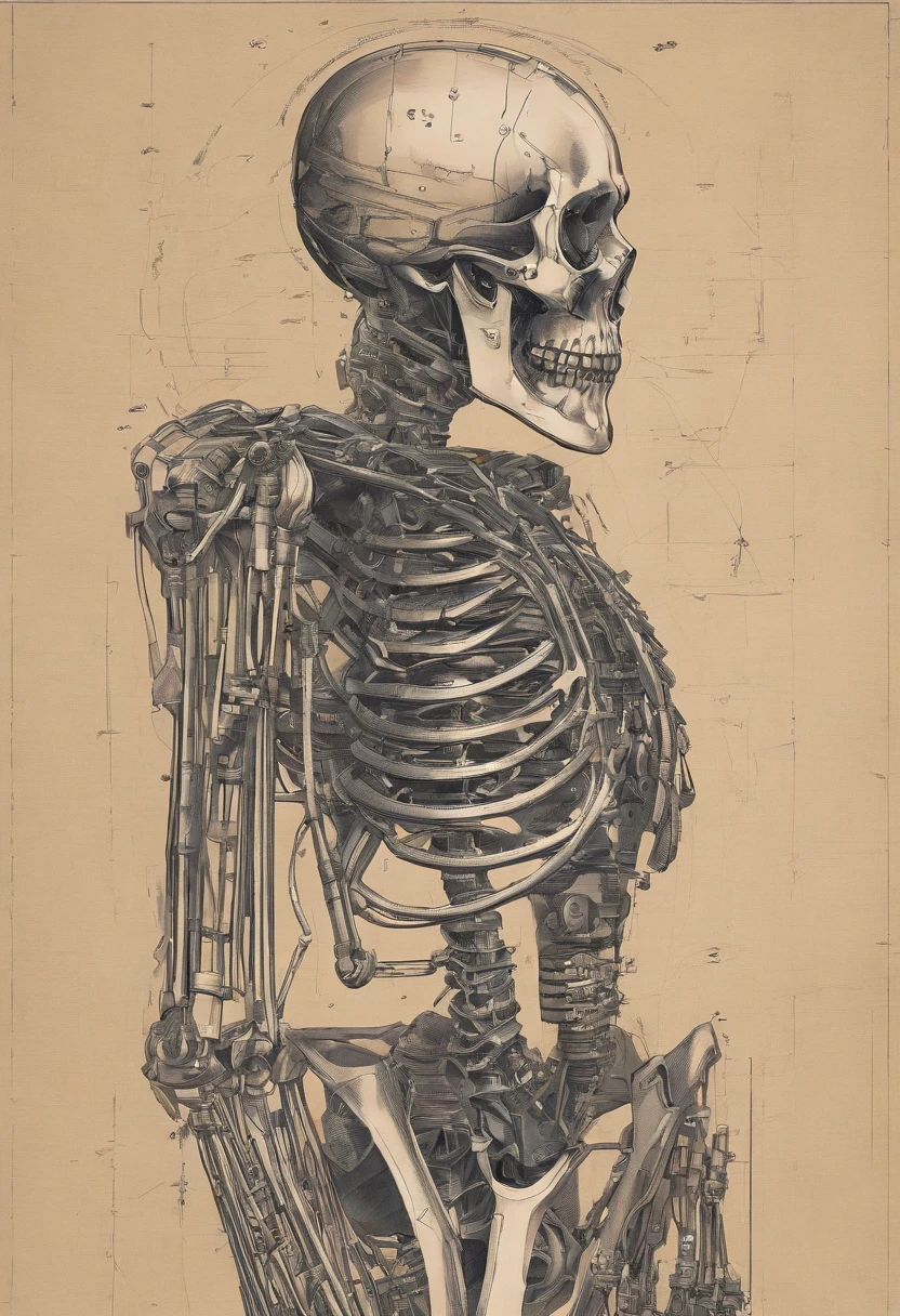 Detailed Human Terminator endoskeleton created in recycled cardboard with fitting pieces, photographic and realistic image in detail! a drawing of a skeleton with a skeleton head and arms, fleshy skeletal body, fleshy skeletal, thin skeleton, skeletal with extra fleshy bits, the other, a skeletal figure, Skelleton, Skeleton, skeletal, human skeleton, anatomically correct skeleton, Boney , exposed rib cage, fleshy bones, skeletal male figure, rib cage