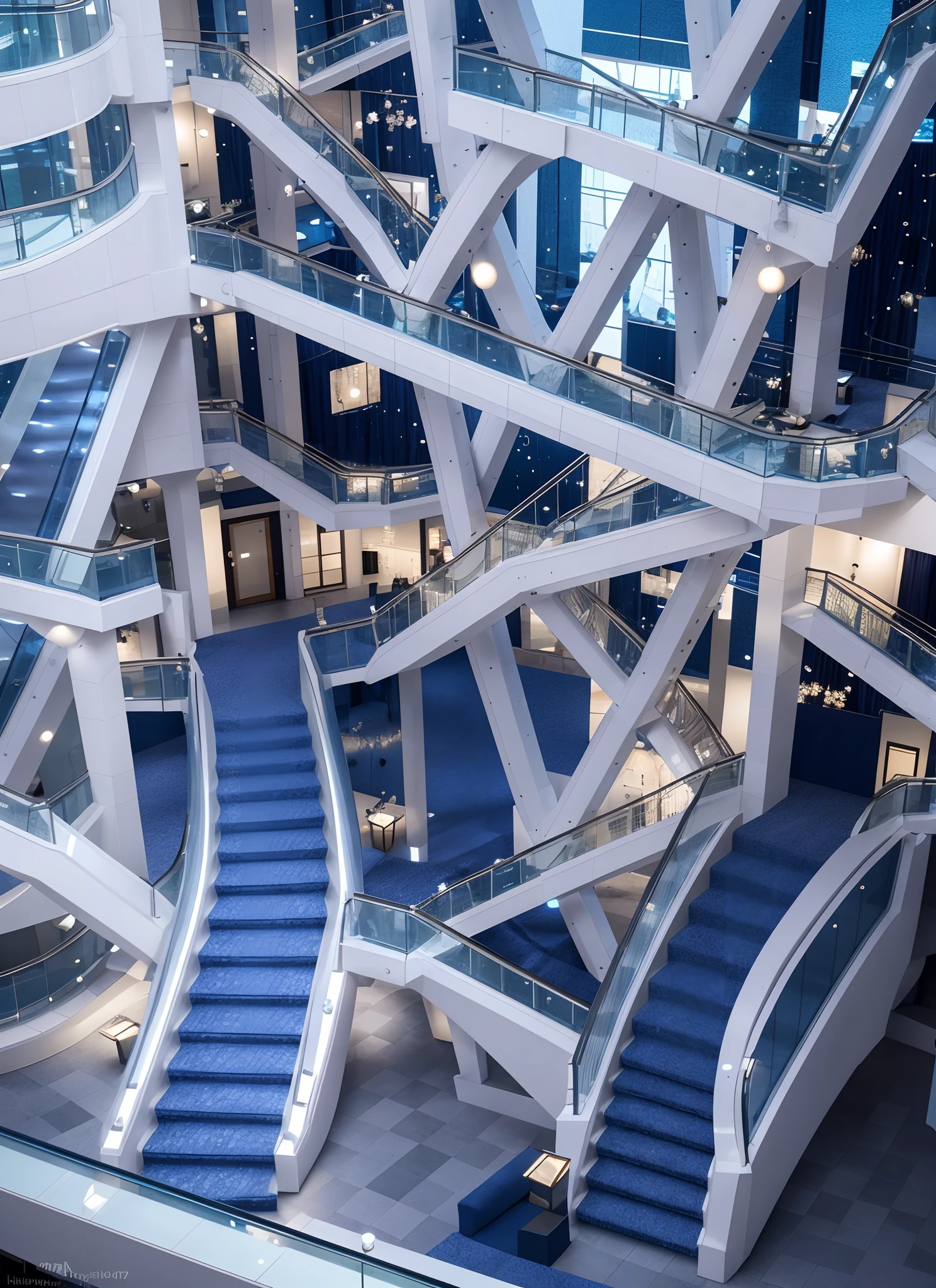 Intricately detailed glass stairs, stunning office scenery, blue ambiance, high-resolution (4k, 8k, highres, masterpiece:1.2), ultra-detailed, photorealistic:1.7, HDR, studio lighting, professional, vivid colors, bokeh, in the style of concept artists, (((analog style)))