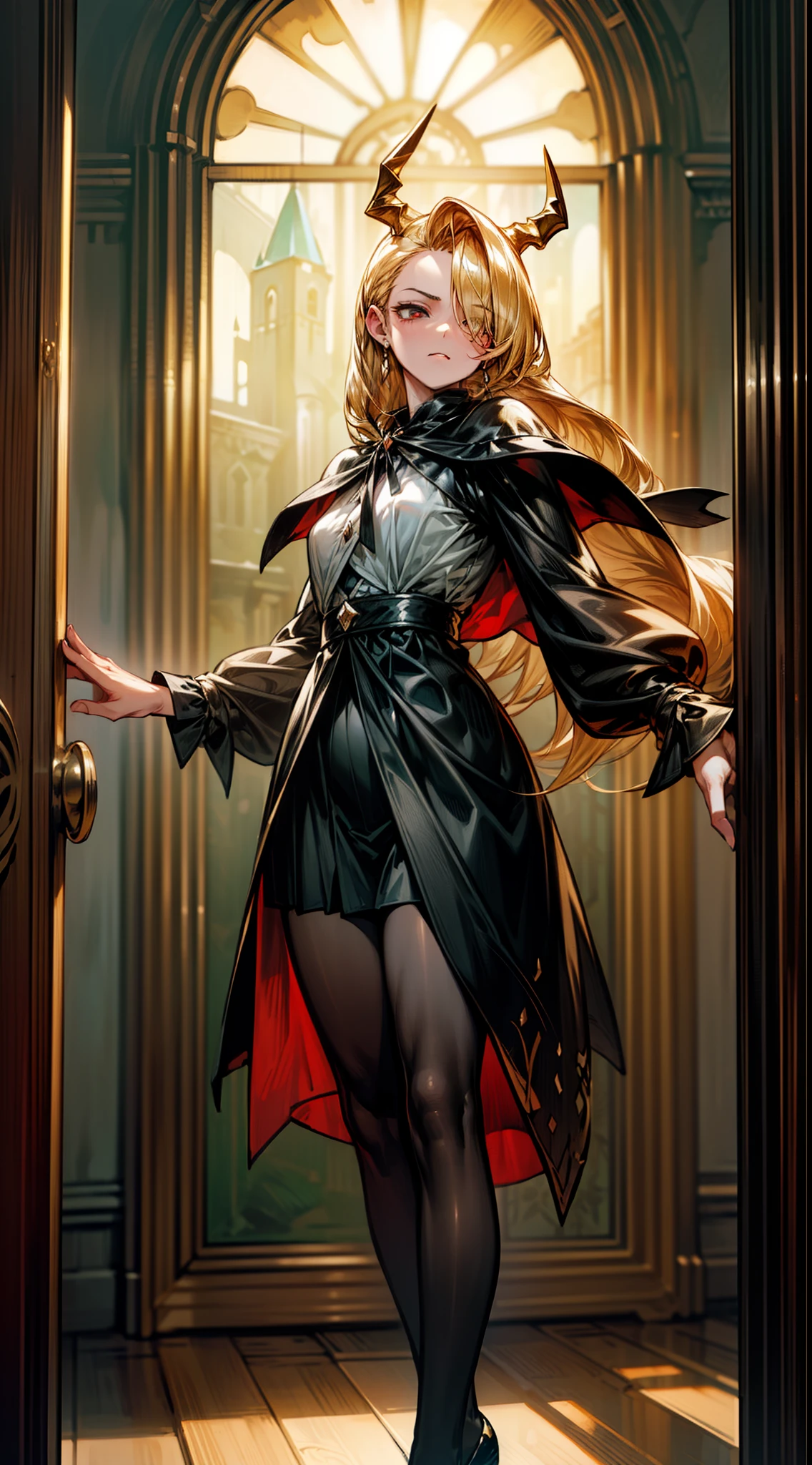 high contrast, (8K UHD:1.2), (photorealistic:1.2),(masterpiece:1.4), (best quality:1.4),extremely detailed wallpaper, highly detailed illustrations, (1 woman), (best lighting) , (super-complex details) , 4K unified, (super-detailed CG: 1.2) , (8K: 1.2),(original), (masterpiece) , (best quality),(Masterpiece:1.4),Anime-ish high quality,((standing in front of a window inside a castle in night)), beautiful light hues, golden horns,Elfes ears, golden hair, perfect hands, masterpiece, 40s,((red eye)), radiant, innocent beauty, attention to details,long hair,Angry,black and golden short dress,cape,hair over one eye,pantyhose,