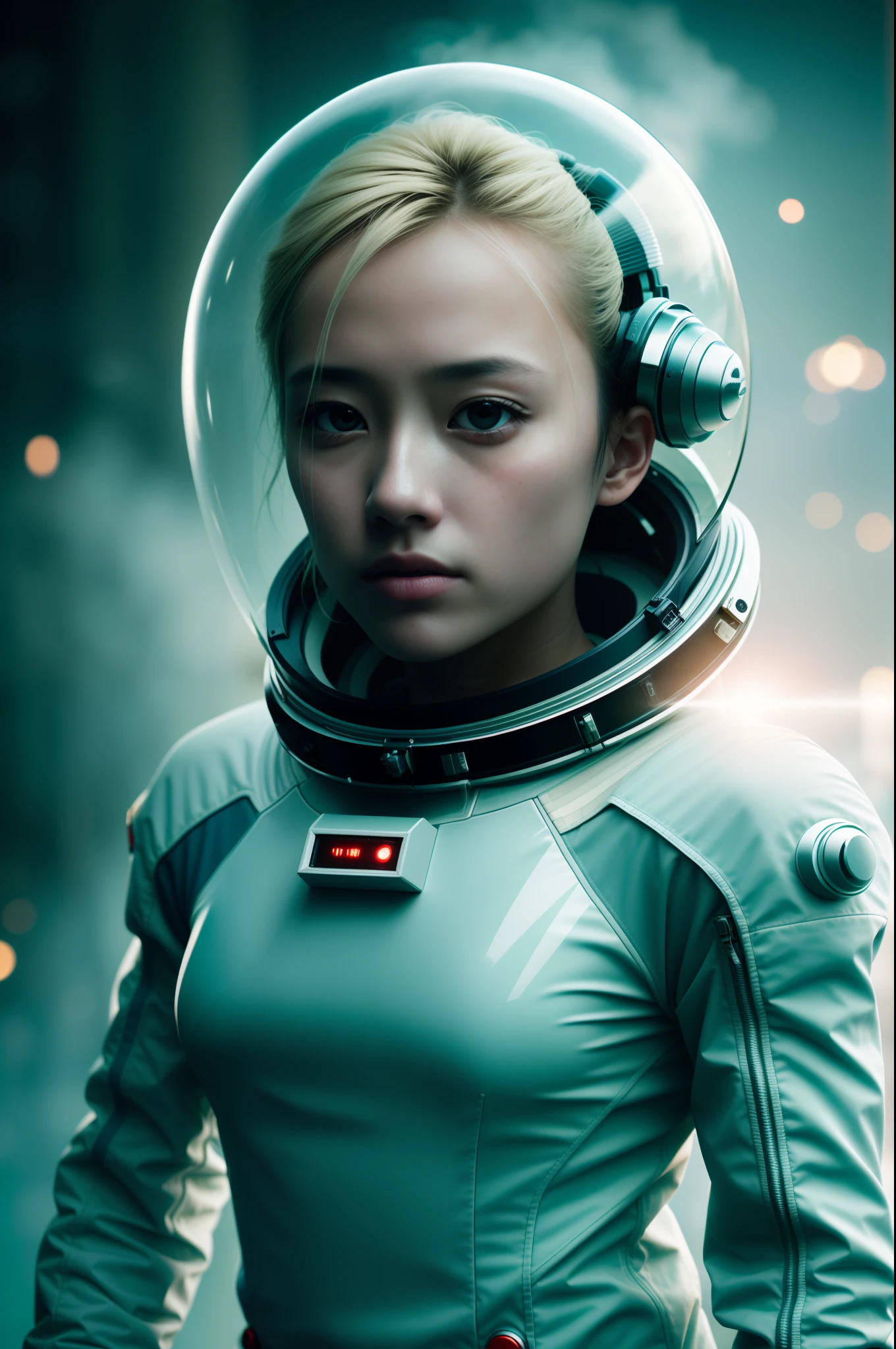 Young female blonde beautiful perfect in sexy transparent astronaut suit j0rd7nj0n3s in space, Beautiful face, Photorealistic, (Portrait), [Smoke], [Heavy fog], Natural lighting, Shallow depth of field, Shot on a Canon EOS-1D X Mark III, 50mm lens, f/2.8, (intricately details, ultra - detailed), ((RAW color)), Sharp focus, hdr, 4K 分辨率, cinematic movie