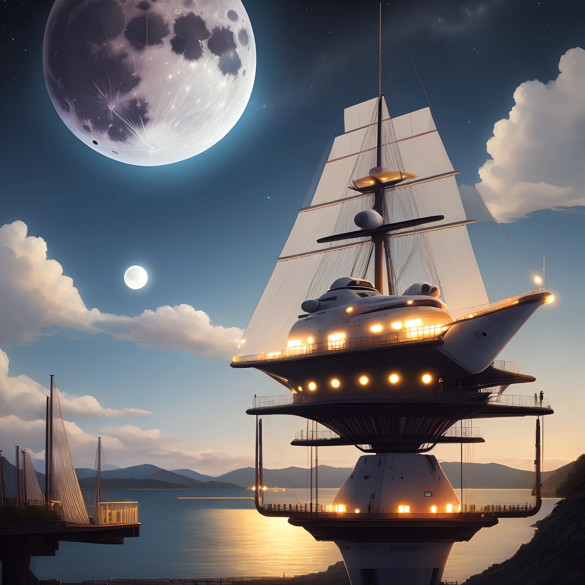 Seaport stary sky road full moon spaceship