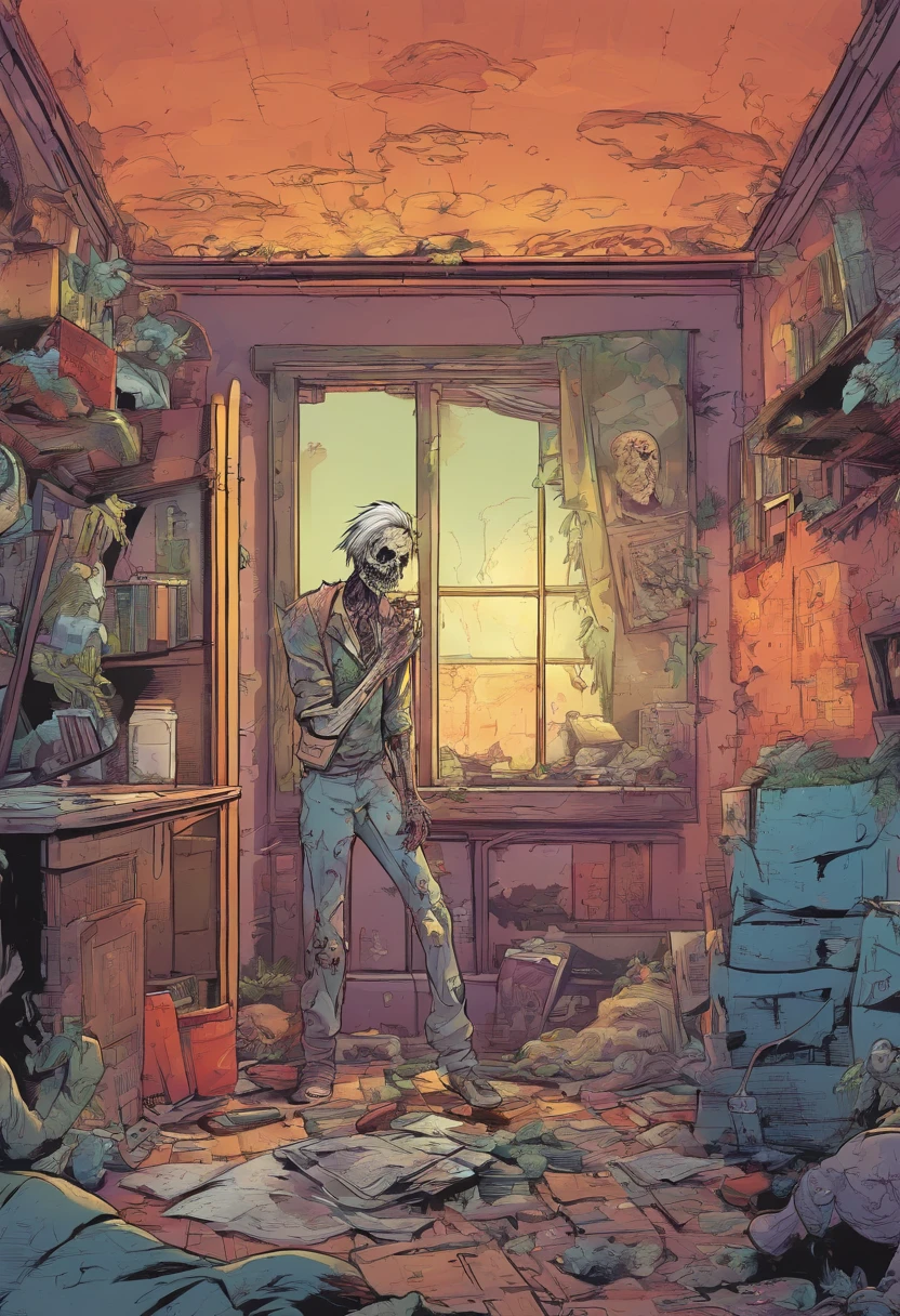 zombie eating a person inside an abandoned room. manga, anime or comic style. full hd, detailed image without errors