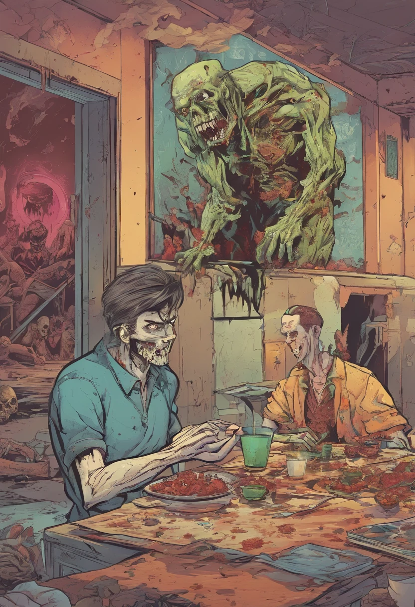 zombie eating a person inside an abandoned room. manga, anime or comic style. full hd, detailed image without errors