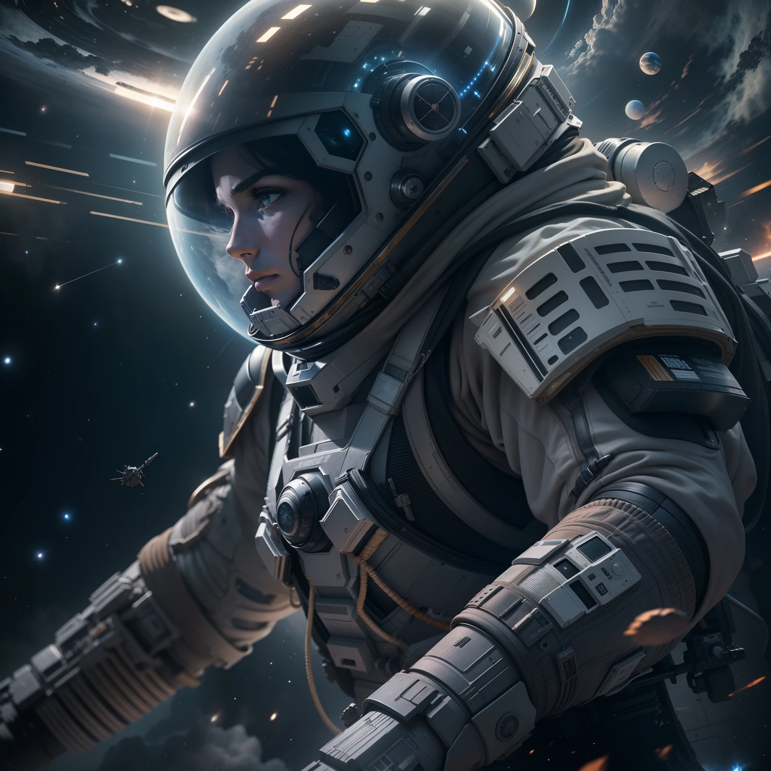 Interstellar,Endless space,A heavily armed warrior fell from the sky,ssee-through,depth of fields,((Masterpiece)),(Best quality)),Magnificent space image scene,surrealism, Super detail, ccurate, Best quality, hyper HD, Masterpiece, Anatomically correct, A high resolution, 16k