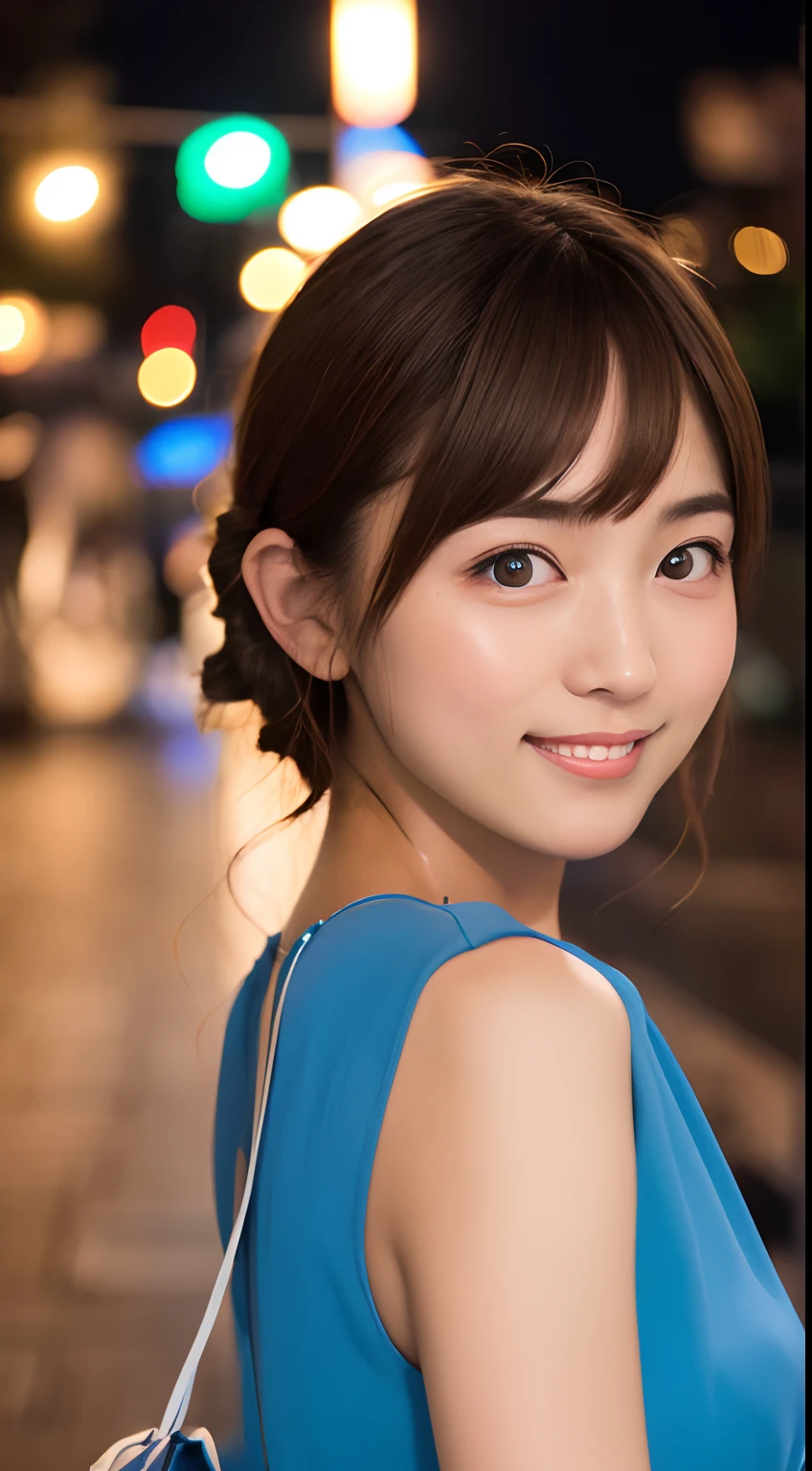 masutepiece, Best Quality, 8K, 15yo student, Teen, Raw photo, absurderes, award winning portrait, Smile, Smile, Solo, Night, neons, Idol face, violaceaess, gardeniass, Delicate girl, Upper body, Digital SLR, Looking at Viewer, Candid, Sophisticated, zora々Right, Thin arms, Professional Lighting, Film grain, chromatic abberation, (Eyes and faces with detailed:1.0), (Bokeh:1.1)