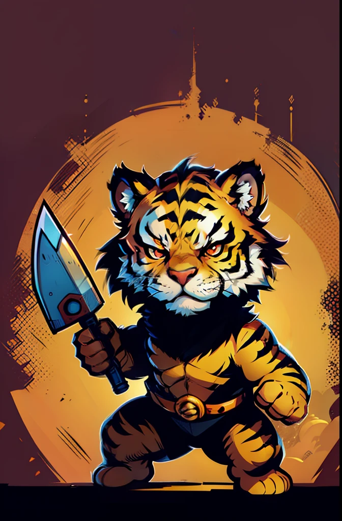 ung tiger, baby face tiger ,chibi, anthropomorphic, golden fur, big red eyes,warrior with one weapon, character 1:1, dynamique pose, simple dark background