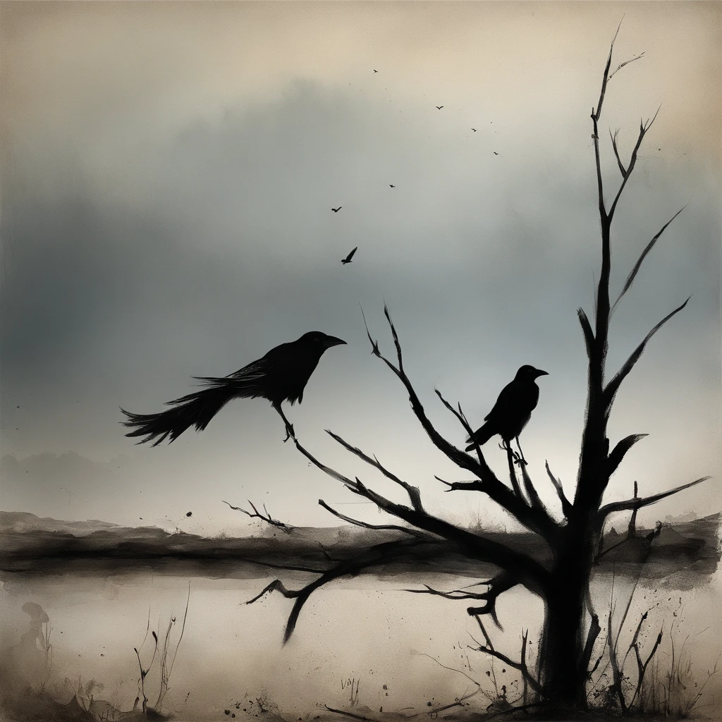 Two crows in a dead tree, Uma sombra em Forma de andador, Noite estrelada, Thick fog on the ground, Luz azul no horizonte, Motor Unreal 5, cinemactic, Low-angle photography, motion blur, proFundidade de campo, dust, Cobblestones and dirt. arte splash, pingando tinta. Perfect color classification. inFluenciado por karel Appel e jeremy mann, Full of dramatic and threatening scenes, hiper-detalhado, Beautiful, detalhes insanos, detalhes intrincados, FotograFia Editorial, FotograFado com uma lente de 50mm, proFundidade de campo, Tilt Blur, Velocidade do obturador 1/1000, F/22. Mapas de luz, super brilhante