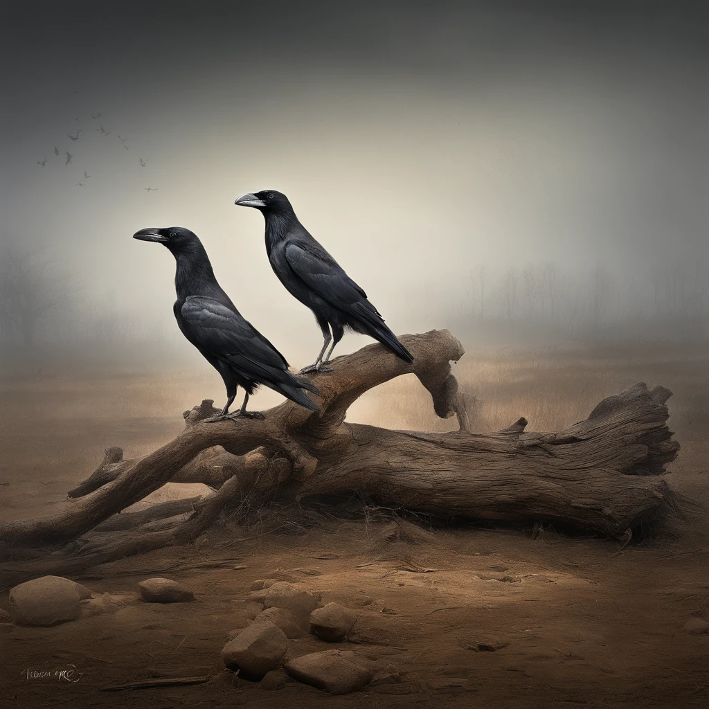 Two crows in a dead tree, Uma sombra em Forma de andador, Noite estrelada, Thick fog on the ground, Luz azul no horizonte, Motor Unreal 5, cinemactic, Low-angle photography, motion blur, proFundidade de campo, dust, Cobblestones and dirt. arte splash, pingando tinta. Perfect color classification. inFluenciado por karel Appel e jeremy mann, Full of dramatic and threatening scenes, hiper-detalhado, Beautiful, detalhes insanos, detalhes intrincados, FotograFia Editorial, FotograFado com uma lente de 50mm, proFundidade de campo, Tilt Blur, Velocidade do obturador 1/1000, F/22. Mapas de luz, super brilhante