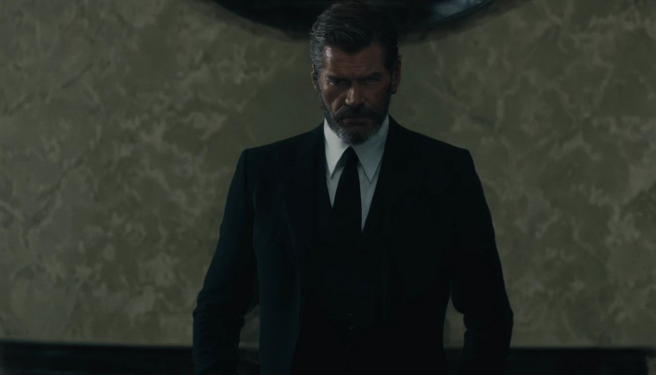 Vestido com terno preto, (usando barba escura) Movie Scene, (Impeccable), Serious and elegant man, incrivelmente bonito, Ator Jamie Dornan, com sobrancelhas masculinas grossas, Corpo descoberto, sexy, (with mysterious and serious face,) cabelos curtos e escuros, Imagem de fundo amarelo escuro, Elegante e elegante, homem semelhante ao ator Pierce Brosnan, (Imagem realista e de alta qualidade), ((melhor qualidade, 8k, obra prima). olhos verdes