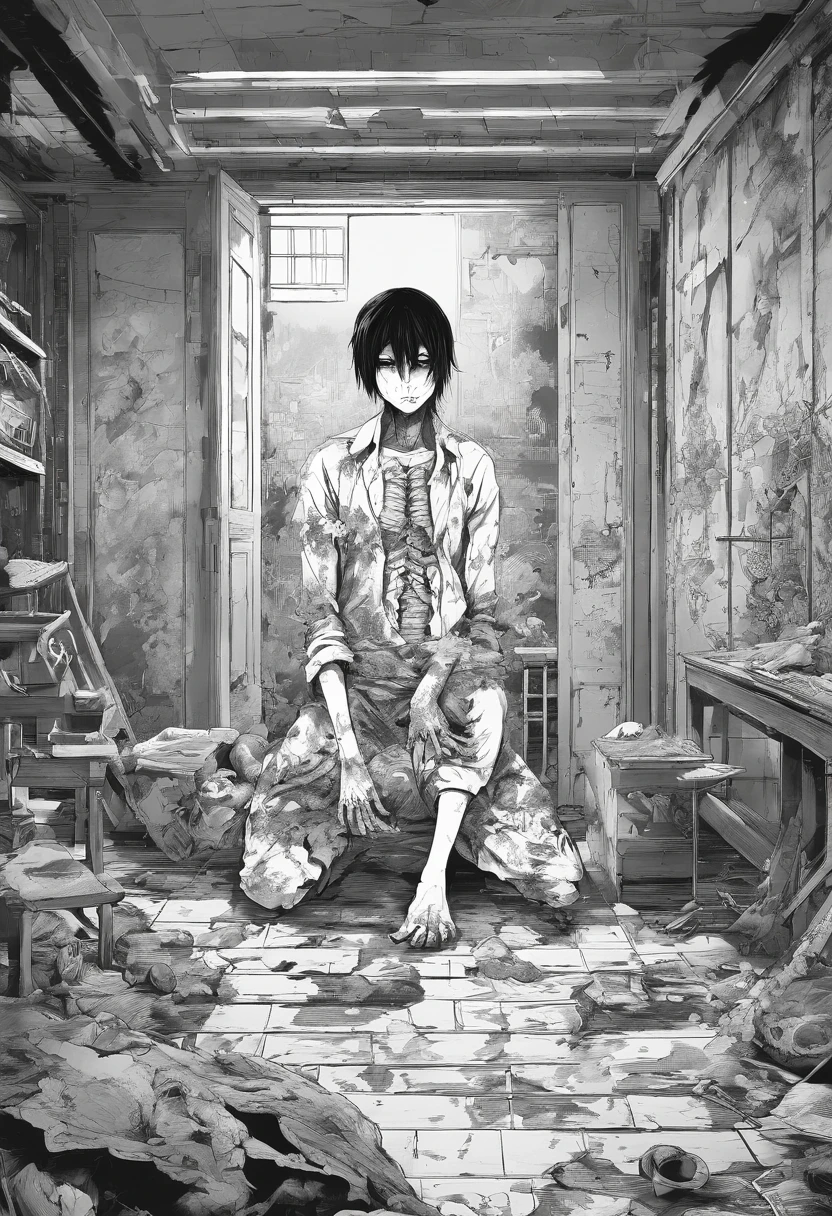 zombie sitting eating a dead person inside a room of an abandoned house. manga, anime or comic style. full hd, detailed image without errors, black and white