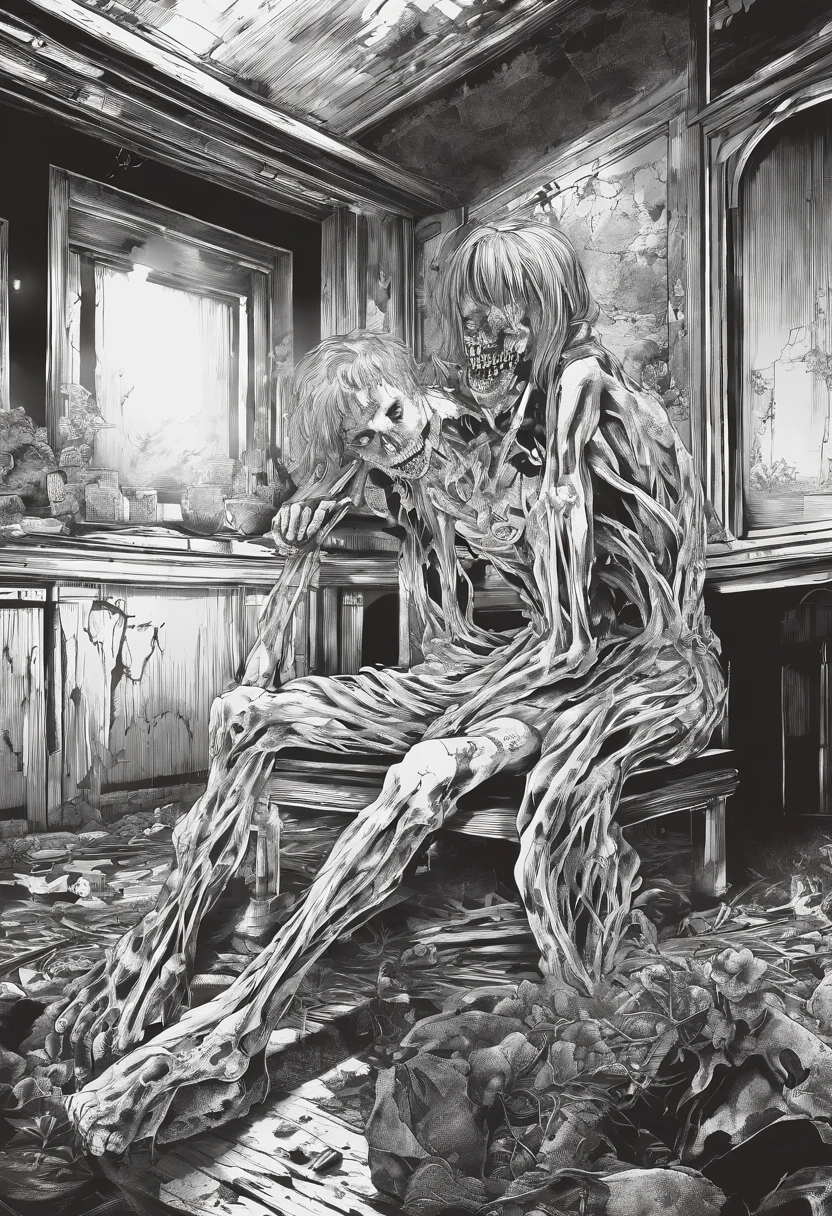 zombie sitting eating a dead person inside a room of an abandoned house. manga, anime or comic style. full hd, detailed image without errors, black and white