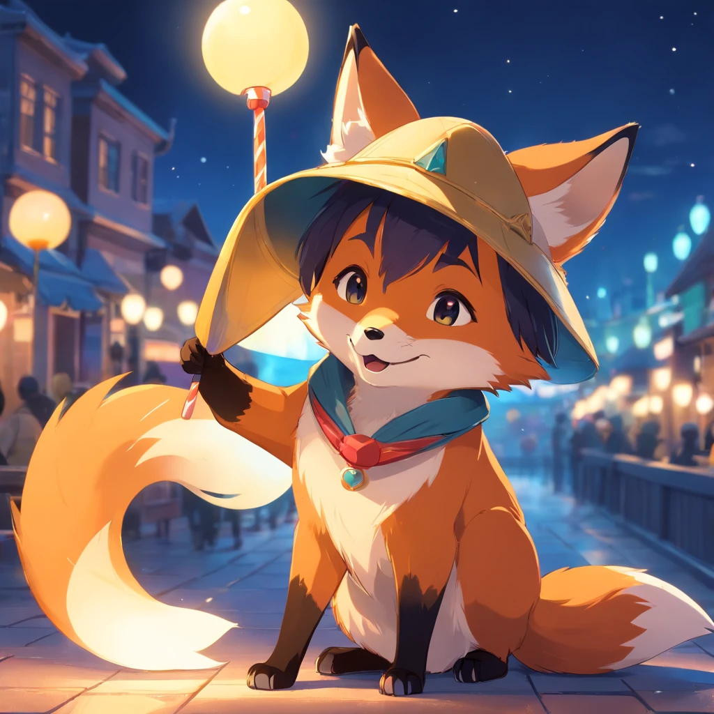 Adorable fox in disney movie style, usando um capuz, cinematic lighthing, Depth detection, hiper detalhada, qualidade 8k. with party hat having hearing hyper sensitivity