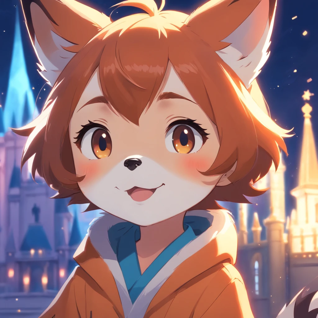 Adorable fox in disney movie style, usando um capuz, cinematic lighthing, Depth detection, hiper detalhada, qualidade 8k. with party hat having hearing hyper sensitivity