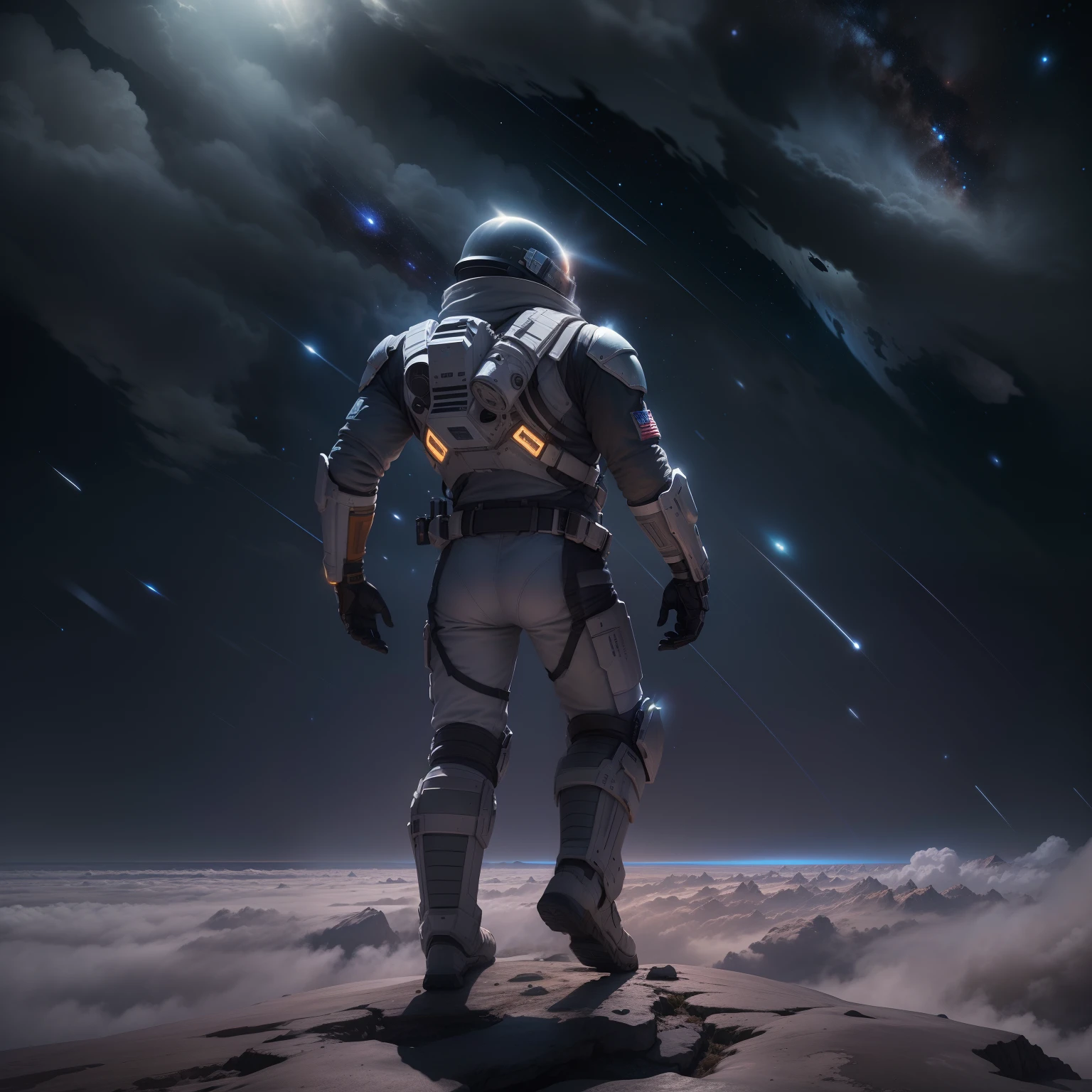 Interstellar,Endless space,A heavily armed warrior fell from the sky,ssee-through,depth of fields,((Masterpiece)),(Best quality)),Magnificent space image scene,surrealism, Super detail, ccurate, Best quality, hyper HD, Masterpiece, Anatomically correct, A high resolution, 16k
