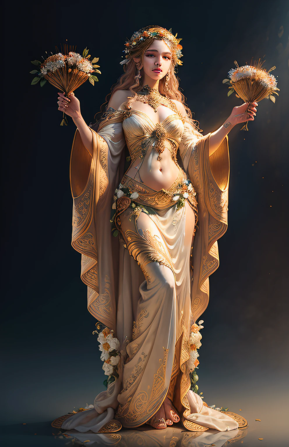 ((best quality)), ((masterpiece)), ((realistic)), Demeter, full body, wearing a wreath of flowers holding a sheaf of wheat,flowing robes, female face, metal carved top, royal aura, trend on artstation , sharp focus, studio photo, intricate detail, very detailed, detailed eye, illustration, very detailed, sharp focus, digital render, professional, 4k