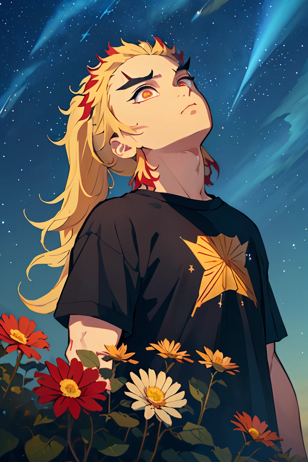 (Masterpiece, Best Quality:1.2), Cowboy shot, 独奏, male focus, 1 adult boy, Rengoku Kyojuro, sadness on the face, looking a viewer, Long hair, high ponytail, Split eyebrows, closed mouth, (black tshirt), round neck,  (((looking up at the sky))), (((Starry sky))), flower field
