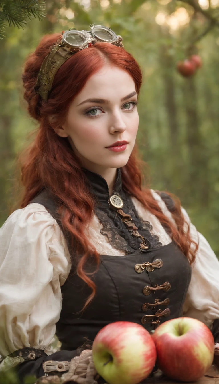 (steampunk art), Apple orchard, A large red apple in a coniferous forest, bokeh, glare, radiance, Fantasy, fairycore, High Resolution, image, Sexy girl with green eyes and red hair, bar, (sexypose), (wet clothing)