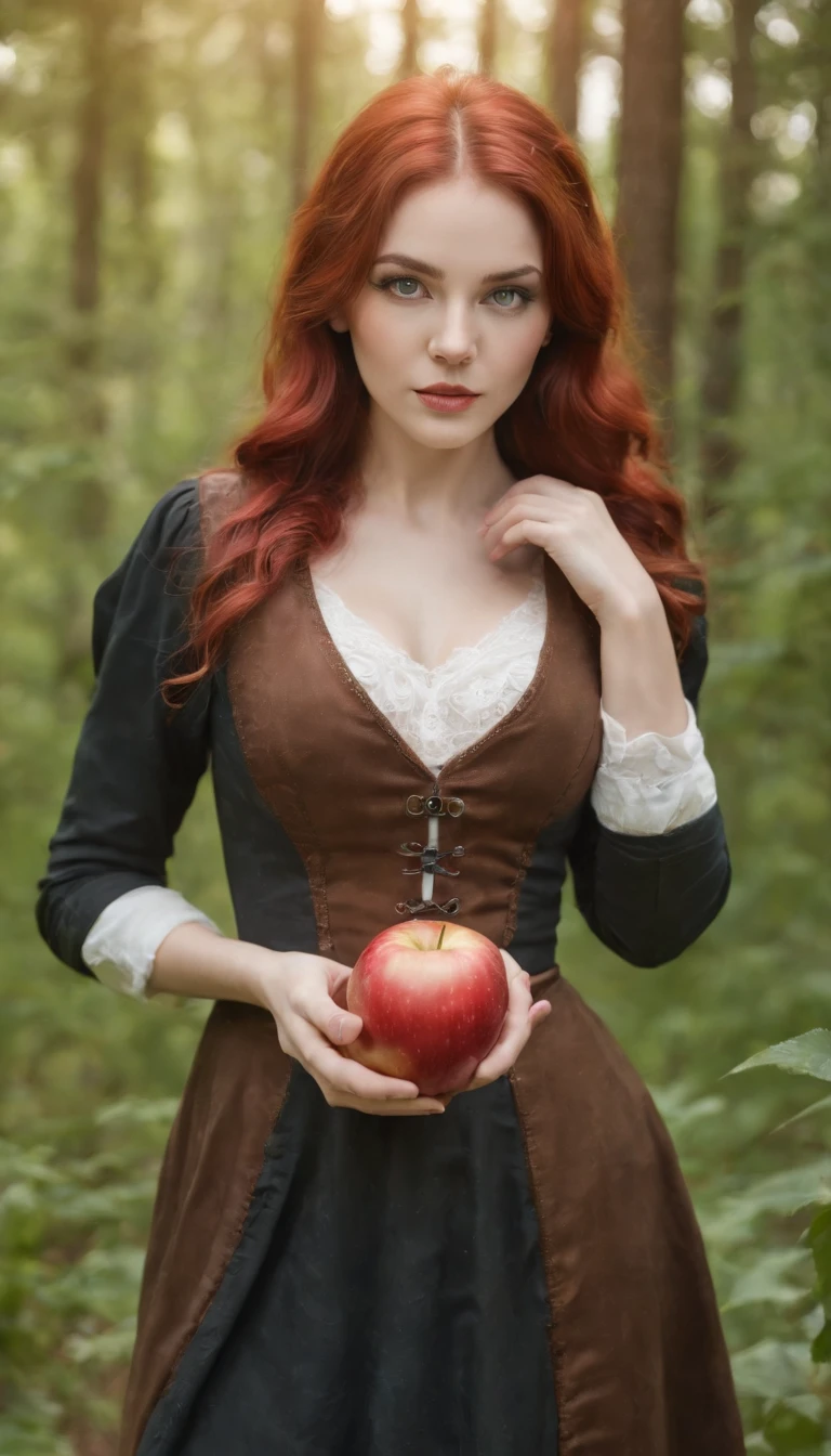 (steampunk art), Apple orchard, A large red apple in a coniferous forest, bokeh, glare, radiance, Fantasy, fairycore, High Resolution, image, Sexy girl with green eyes and red hair, bar, (sexypose), (wet clothing)