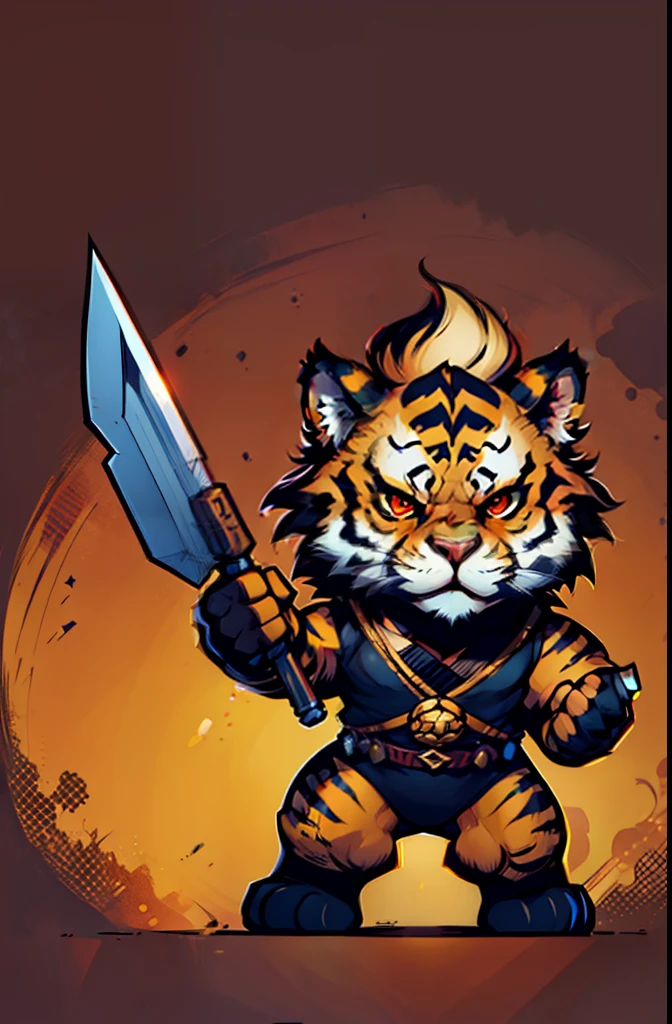 1young tiger, baby face tiger ,chibi, anthropomorphic, golden fur, big red eyes,warrior with one weapon, character 1:1, dynamique pose, simple dark background