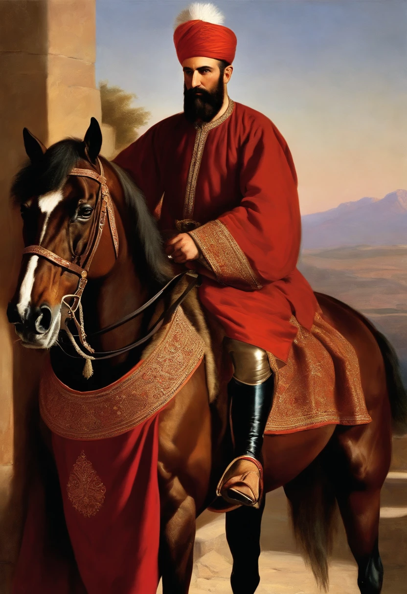 Full length portrait, old and powerful Ottoman Pasha. rich ottoman castle brown caftan and collarless ottoman shirt, curved Ottoman sword realistic facial features with a long Ottoman Muslim beard. Ottoman conquest composition. sunset and afternoon, on his horse. Ottoman turban on his head. vivid color touch to his clothes