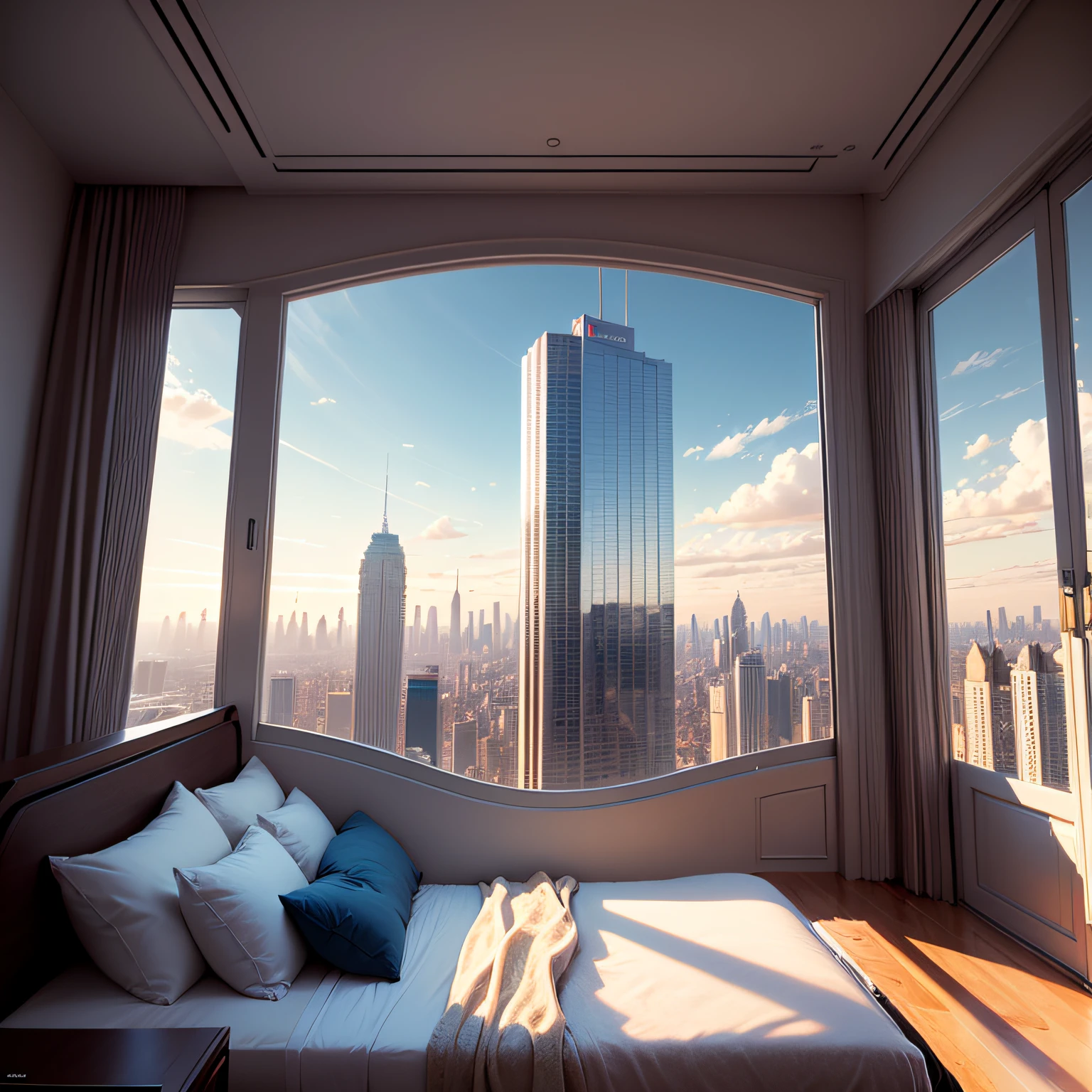 Scene: The young astronaut man wakes up in a huge bed in a giant room at the top of a skyscraper.
Description: The room is spacious, with a large bed in the center. Large windows offer an impressive view of the sunny metropolis. Add a blue sky and withe clouds in the sky, add a panoramic view in the scene, add a matte painting by artist syd mead