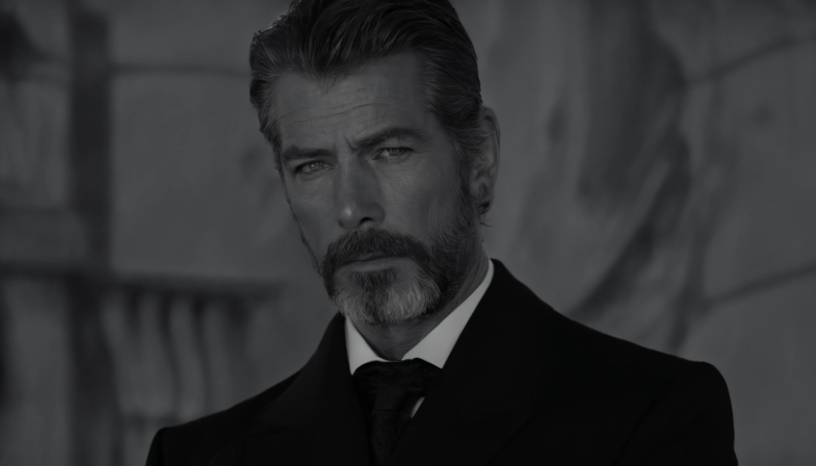 Vestido com terno preto, (usando barba escura) Movie Scene, (Impeccable), Serious and elegant man, incrivelmente bonito, Ator Jamie Dornan, com sobrancelhas masculinas grossas, Corpo descoberto, sexy, (with mysterious and serious face,) cabelos curtos e escuros, Imagem de fundo amarelo escuro, Elegante e elegante, homem semelhante ao ator Pierce Brosnan, (Imagem realista e de alta qualidade), ((melhor qualidade, 8k, obra prima). olhos verdes