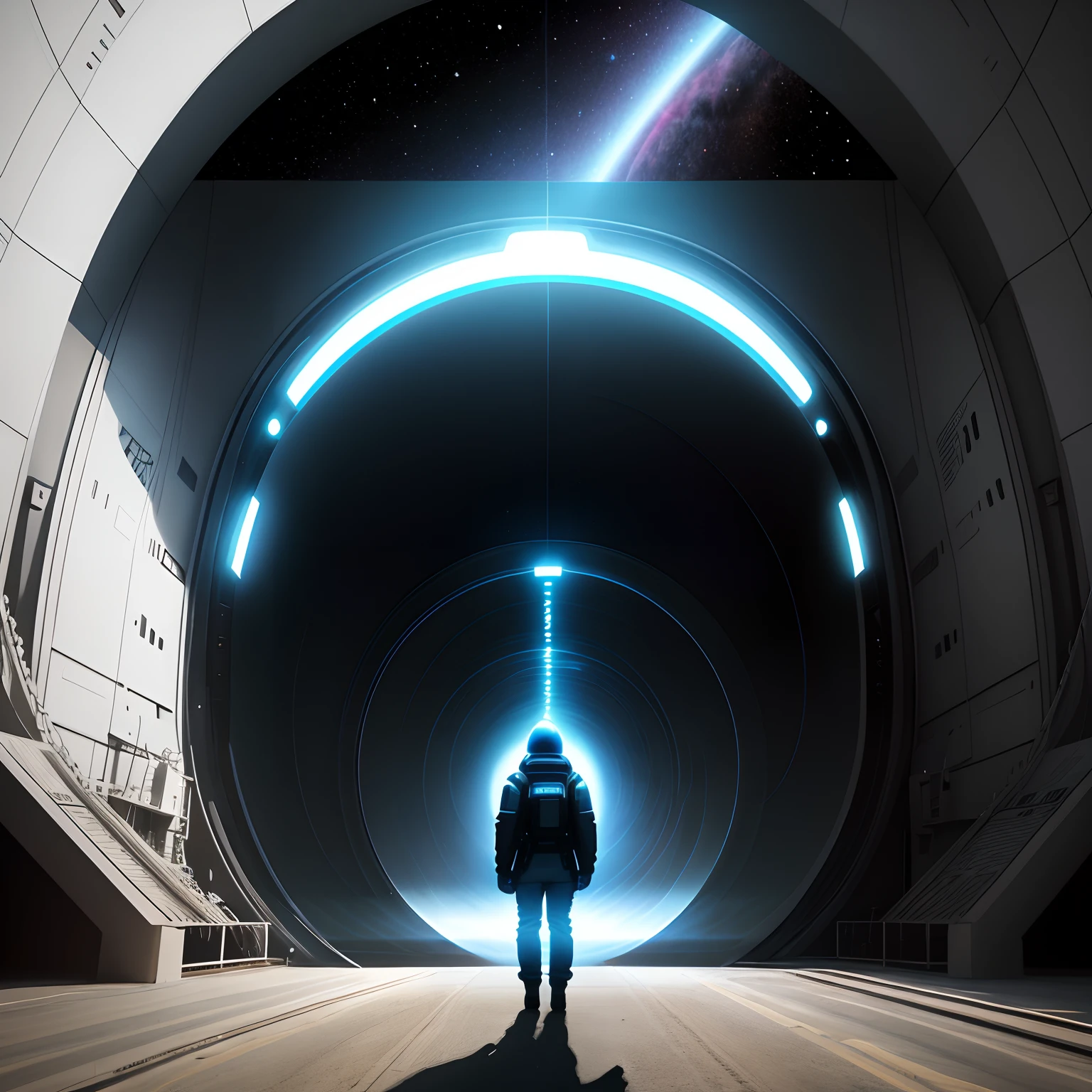 Aalfid stood in the tunnel，The background is a black hole, portal to outer space, astronaut lost in liminal space, interstellar infinity portal, 3 d render beeple, majestic interstellar portal, portal in space, Inspired by Beeple, Kolosel interstellar portal, wormhole, author：beeple, beeple |