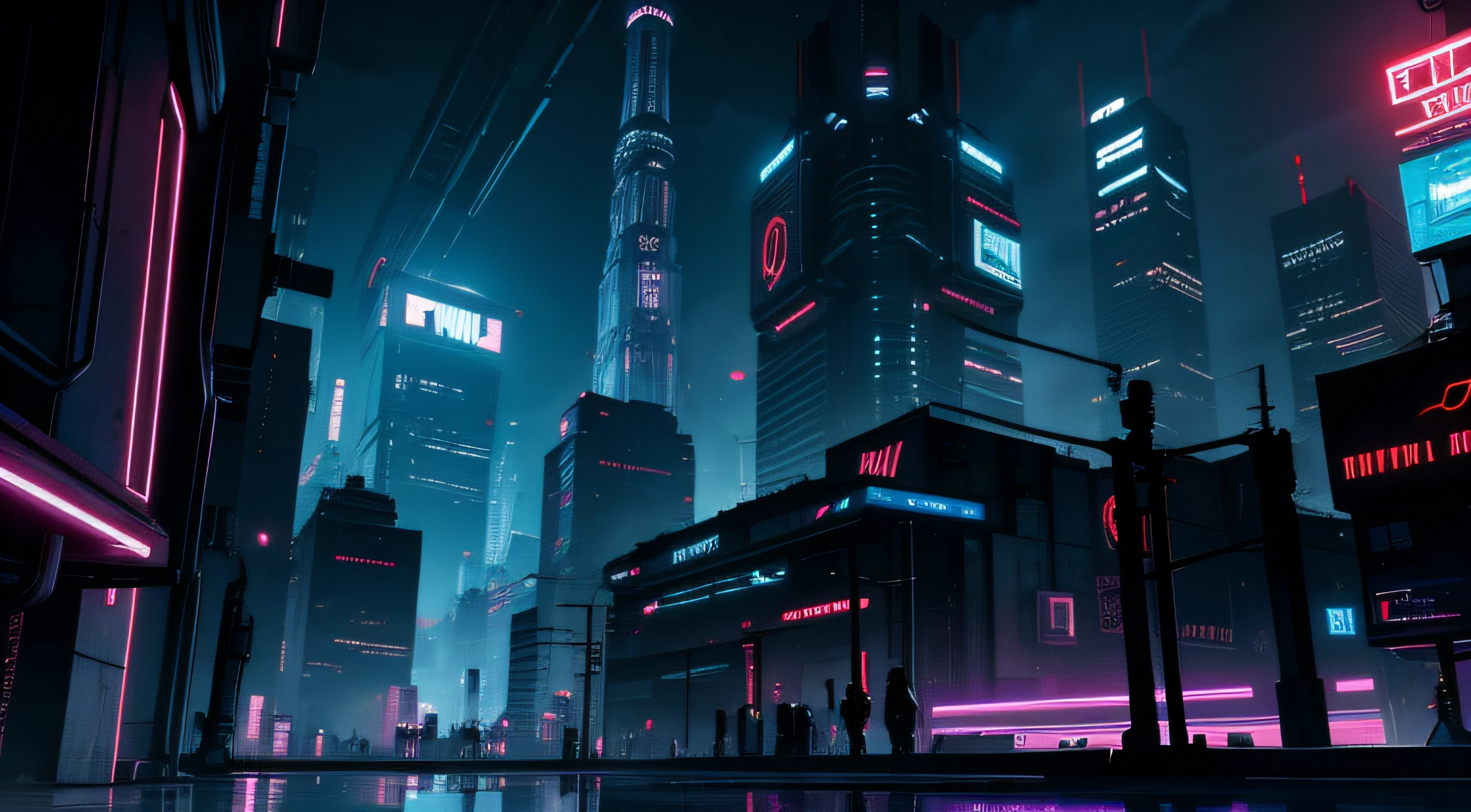 (High view). There's a cyborg woman (8k) wearing a futuristic leotard (best quality) standing in a cyberpunk city alley at night, darksynth aesthetic, red neons, haze, 1drone, foggy night, ultra detailed, photorealistic, (1girl, solo, alone), large-breast:1.2 slim body, cleavage:1.1, (black sunglasses), (holding a pistol), half-body thigh level medium shot, cinematic lighting, ray tracing.