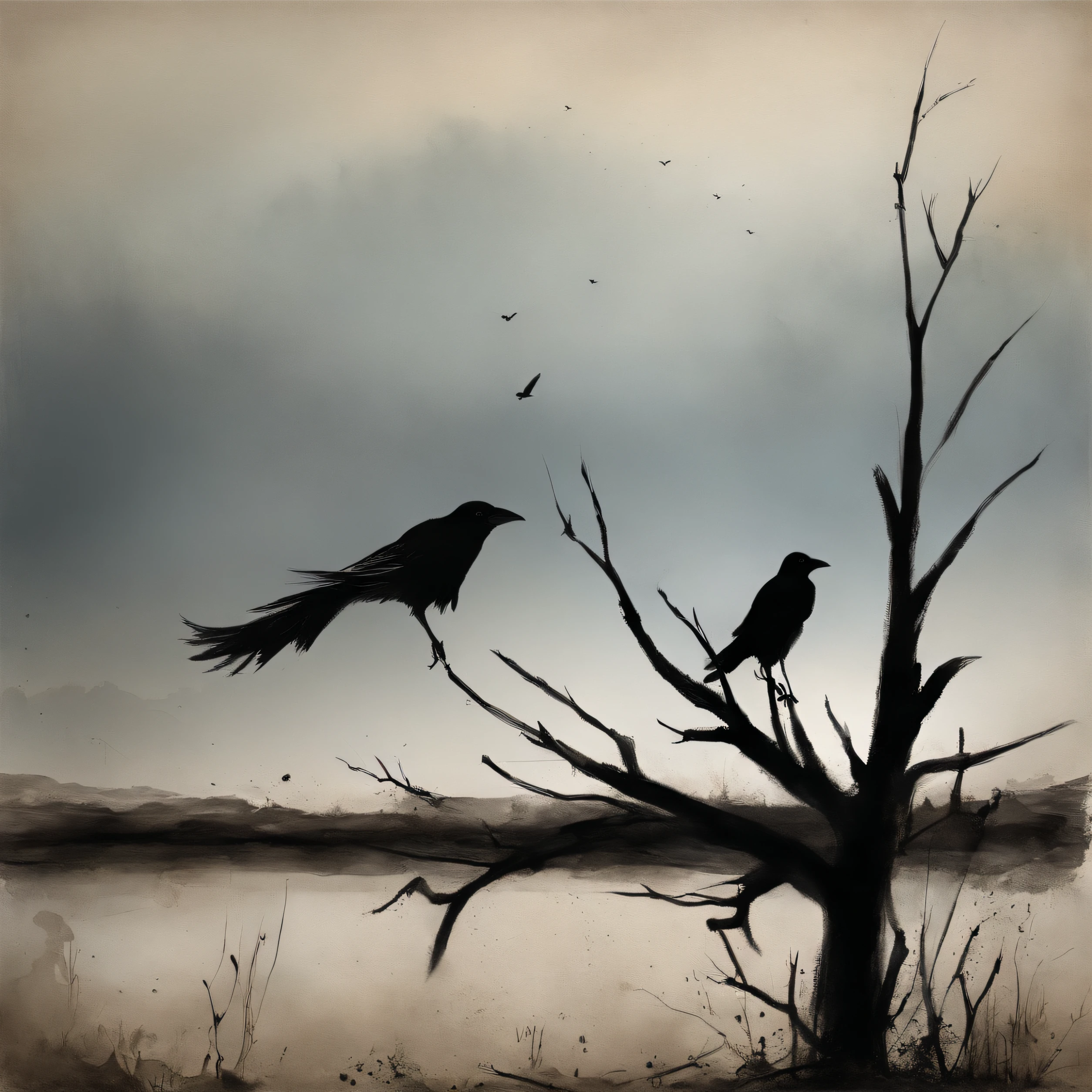 Two crows in a dead tree, Uma sombra em Forma de andador, Noite estrelada, Thick fog on the ground, Luz azul no horizonte, Motor Unreal 5, cinemactic, Low-angle photography, motion blur, proFundidade de campo, dust, Cobblestones and dirt. arte splash, pingando tinta. Perfect color classification. inFluenciado por karel Appel e jeremy mann, Full of dramatic and threatening scenes, hiper-detalhado, Beautiful, detalhes insanos, detalhes intrincados, FotograFia Editorial, FotograFado com uma lente de 50mm, proFundidade de campo, Tilt Blur, Velocidade do obturador 1/1000, F/22. Mapas de luz, super brilhante