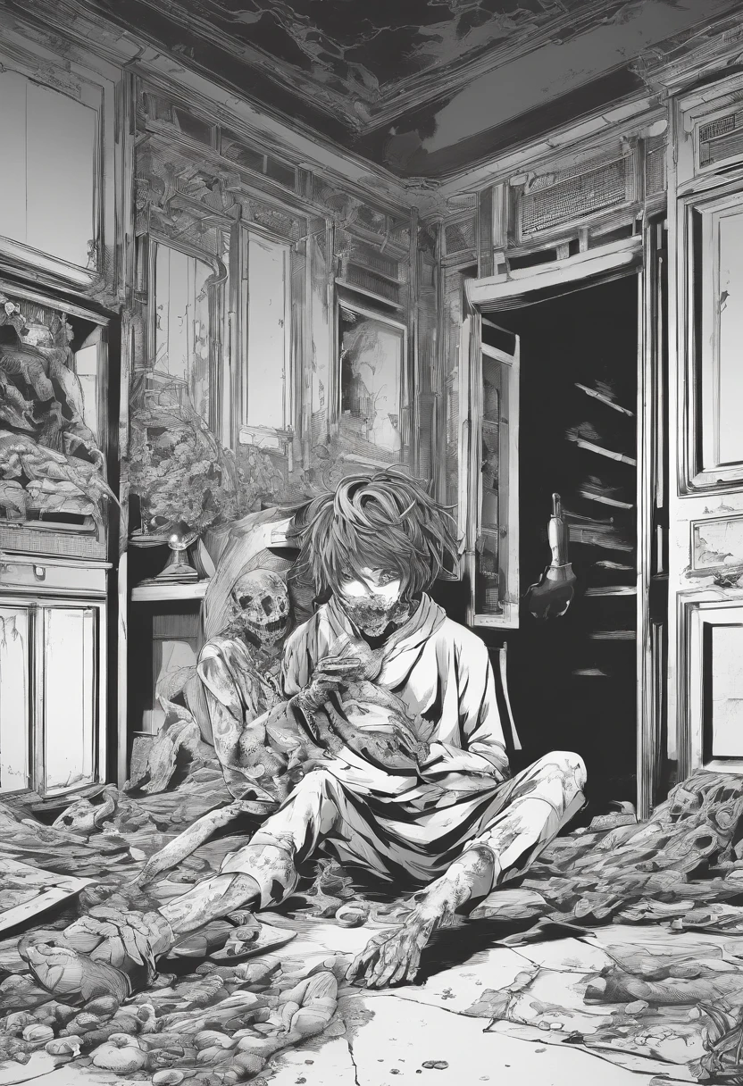 zombie sitting eating a dead person inside a room of an abandoned house. manga, anime or comic style. full hd, detailed image without errors, black and white