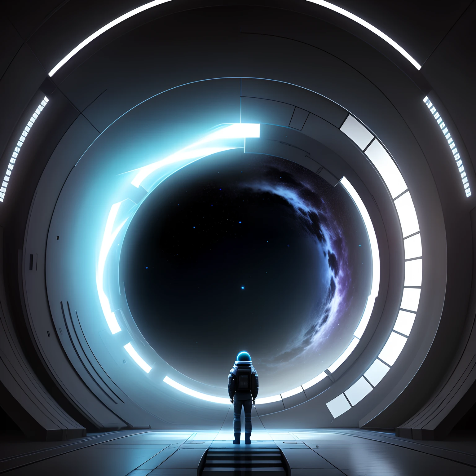 The spaceship travels through a wormhole
