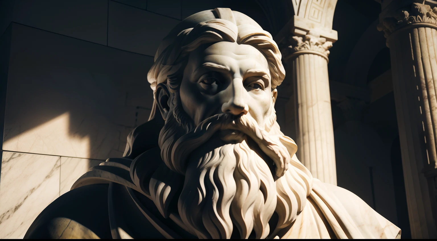 Marble statue of wise man with the style of bearded Greek philosopher in museum. atmosfera escura, alto contraste de luz e sombra, fotografia profissional, utrarealista, light volumetric, cinemactic