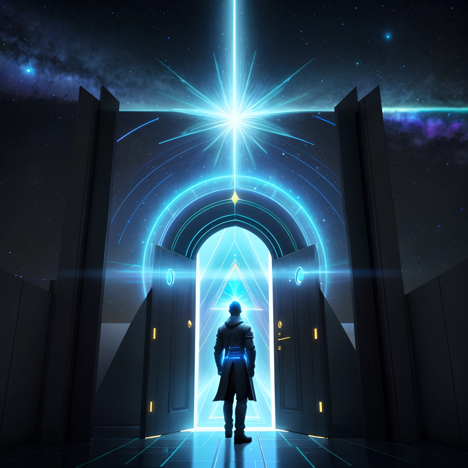 The spaceship travels through a wormhole