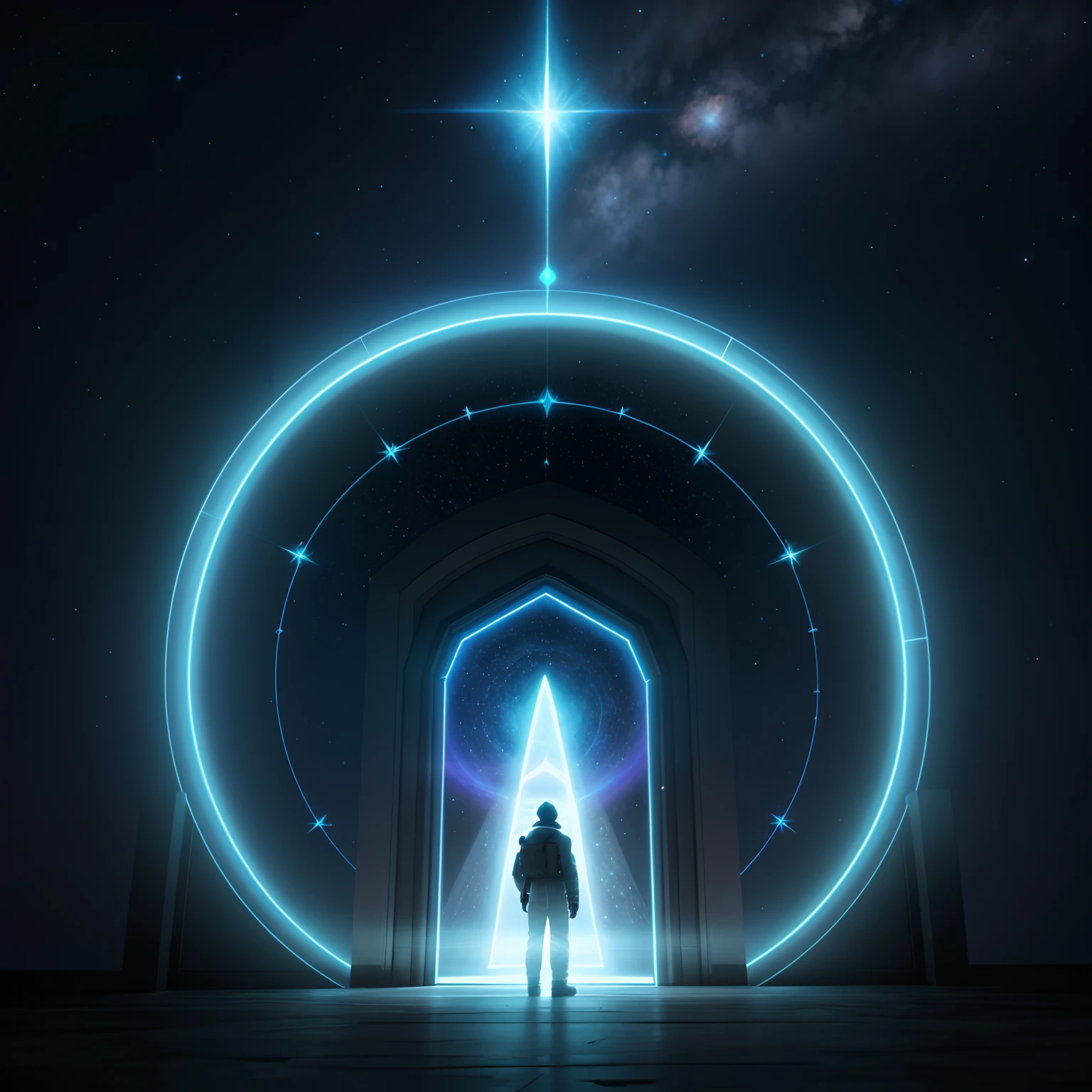 A man stands in the doorway，The image of Alphad with a star in the sky, entrance to ethereal realm, gateway to another universe, portal to the ethereal realm, artgem and beeple masterpiece, gateway to another dimension, star - gate of futurisma, doors that are cosmic portals, cinematic beeple, jessica rossier fantasy art