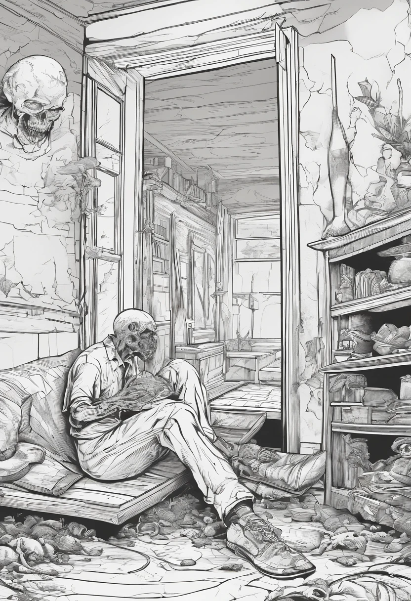 zombie sitting eating a dead person inside a room of an abandoned house. manga, anime or comic style. full hd, detailed image without errors, black and white