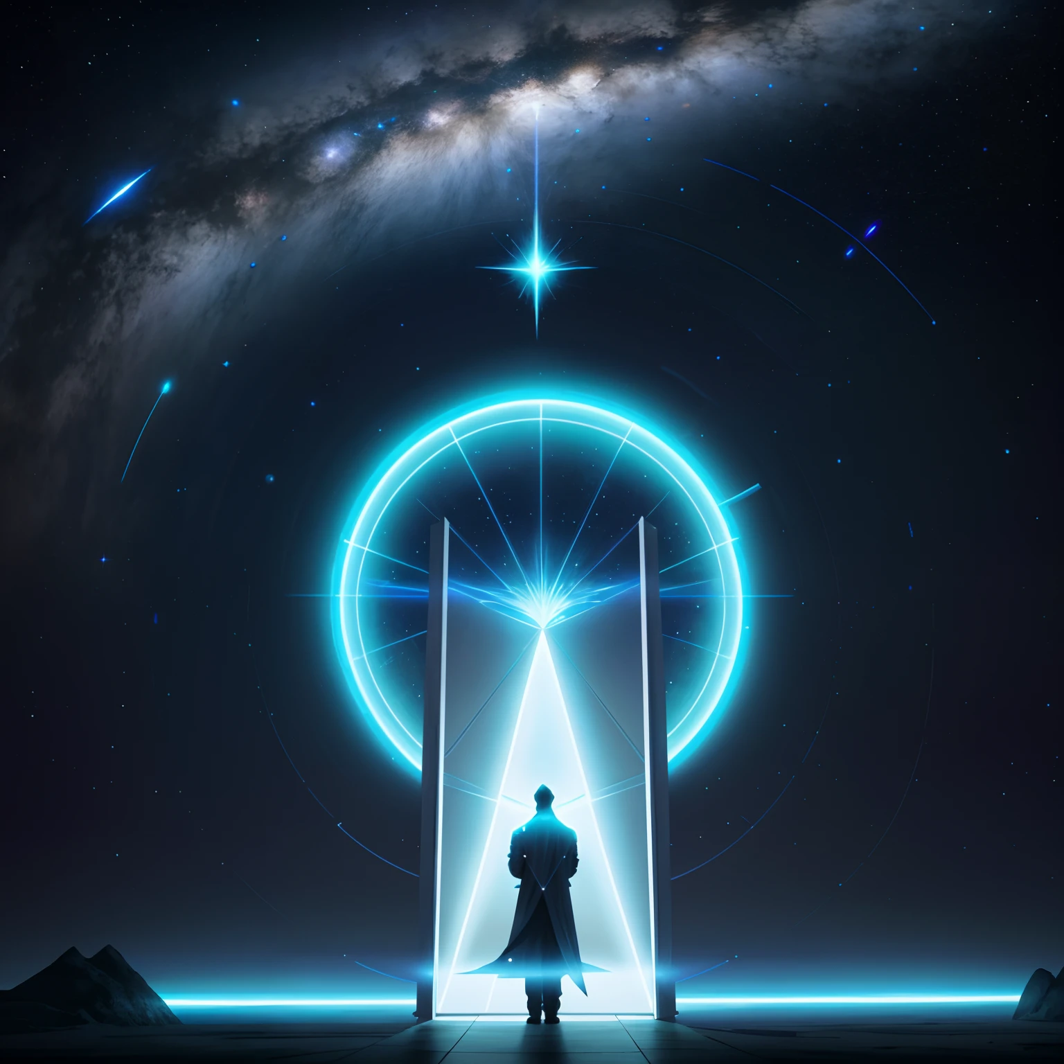 A man stands in the doorway，The image of Alphad with a star in the sky, entrance to ethereal realm, gateway to another universe, portal to the ethereal realm, artgem and beeple masterpiece, gateway to another dimension, star - gate of futurisma, doors that are cosmic portals, cinematic beeple, jessica rossier fantasy art