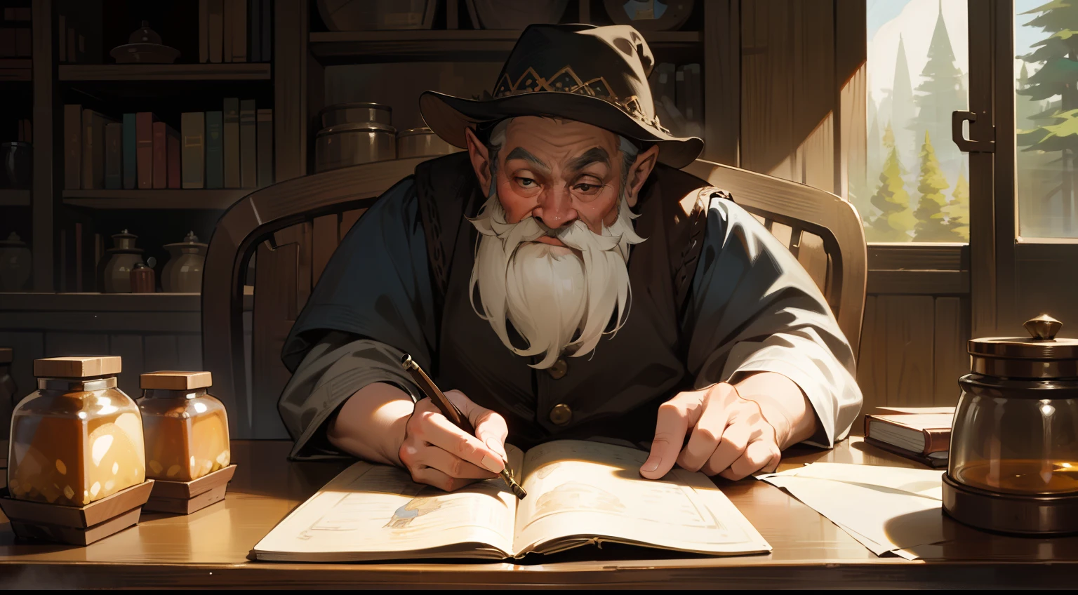 A dwarf,short,lbeard,With a hat,Skinny and small,Little old man,On the table was a book,Finger on the map on the table,Point back and forth,In the wooden house,There were plenty of honey jars in the wooden house,Western fantasy,Fairytales,Works of masters,A high resolution,Exquisite facial features