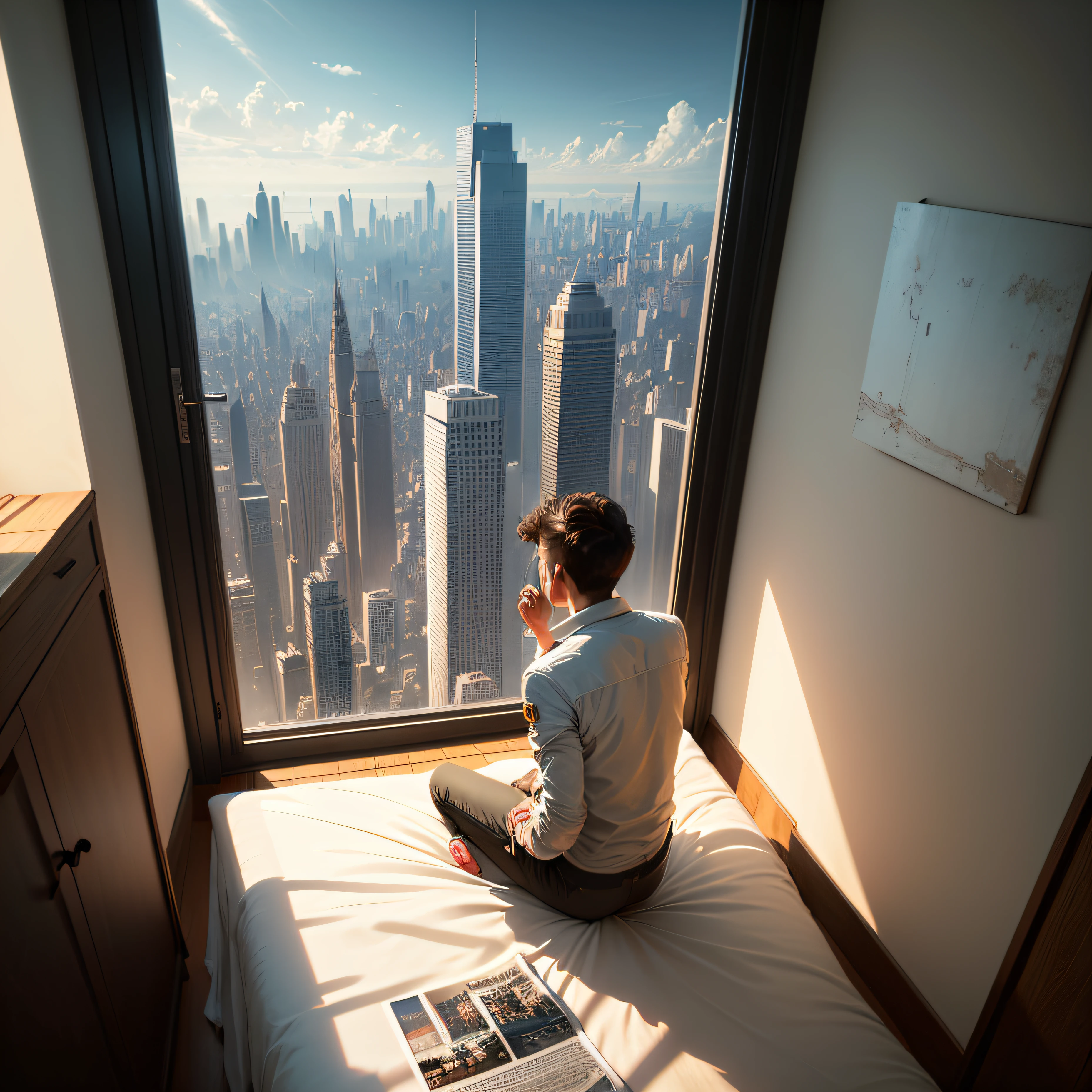 Scene: The young astronaut man wakes up in a huge bed in a giant room at the top of a skyscraper.
Description: The room is spacious, with a large bed in the center. Large windows offer an impressive view of the sunny metropolis. Add a blue sky and withe clouds in the sky, add a panoramic view in the scene, add a matte painting by artist syd mead