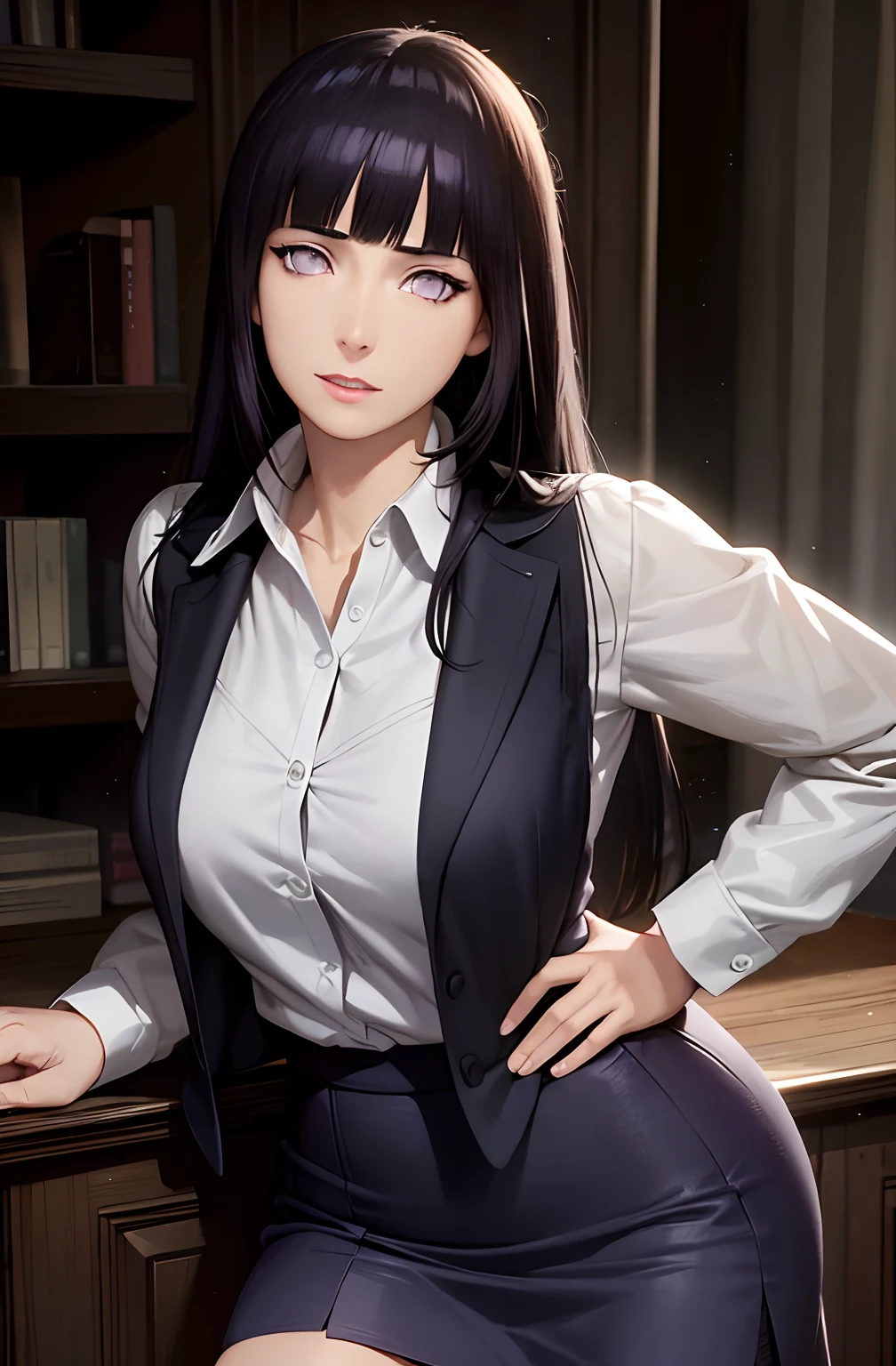 Photorealistic, high resolution, 1 Women, Solo, Hips up, view the viewer, (Detailed face), dark y hair, Long hair, Secretary uniform, Skirt,Blunt Bangs, purple eyes