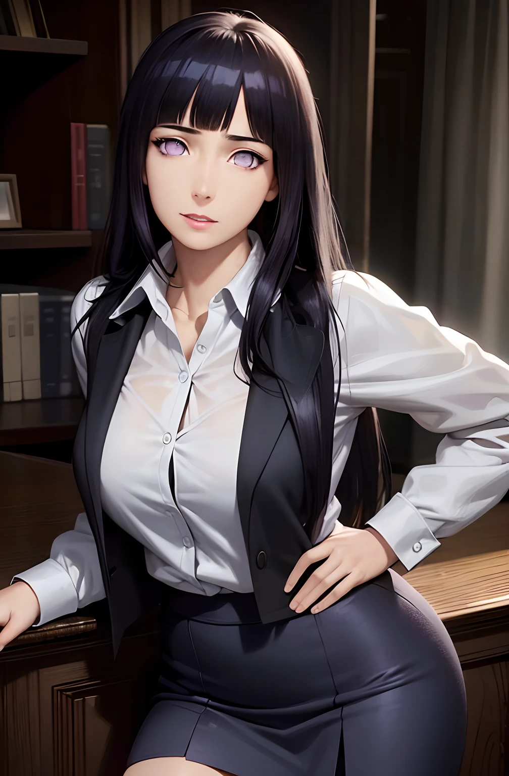 Photorealistic, high resolution, 1 Women, Solo, Hips up, view the viewer, (Detailed face), dark y hair, Long hair, Secretary uniform, Skirt,Blunt Bangs, purple eyes