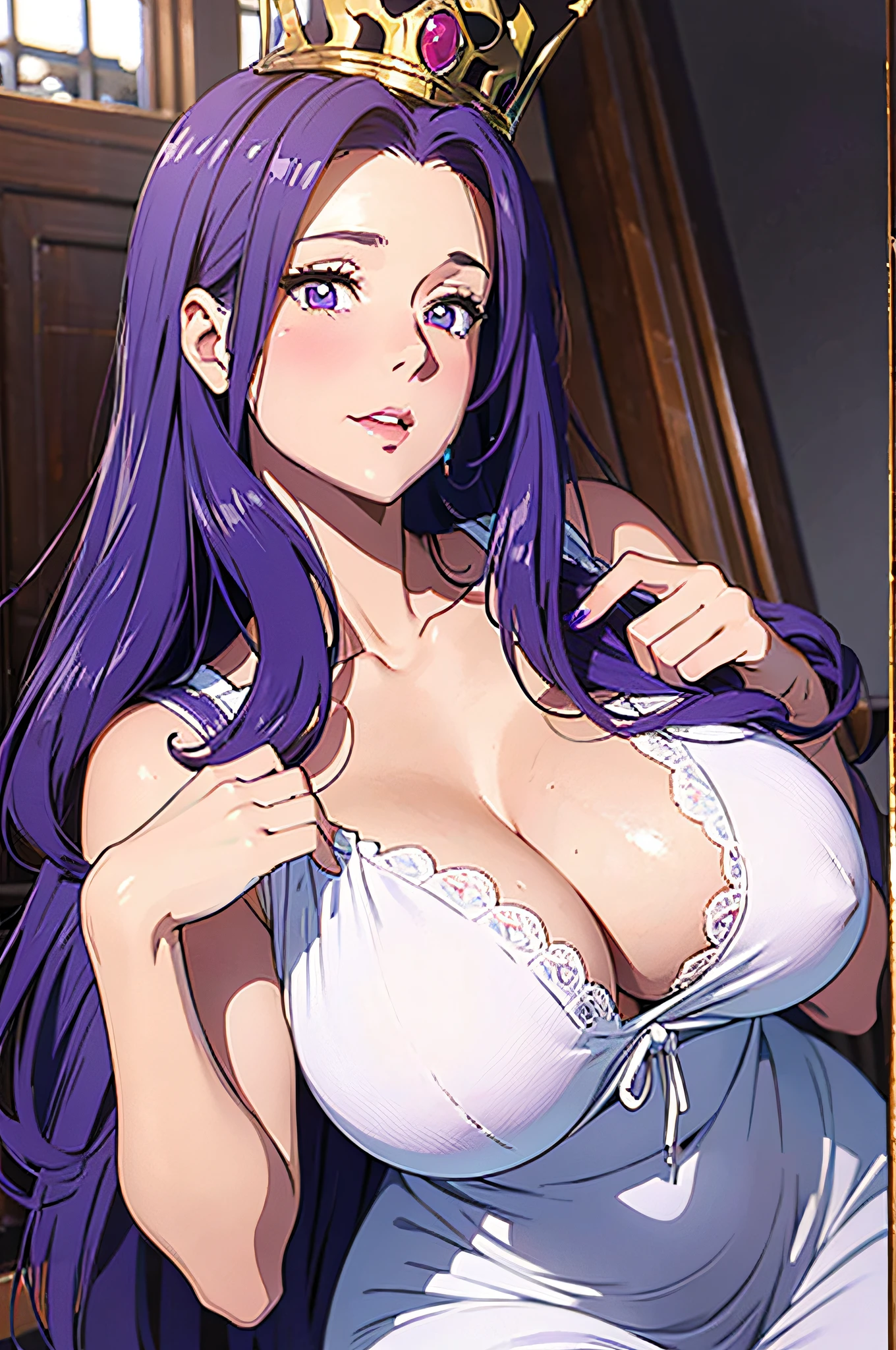 Medusa Fate , Medusa FGO , Ufotable original character, long Purple hair with open forehead, anime girl , solo , detailed purple eyes, Beautiful caucasian mature woman with pale white skin , extremely delicate and beautiful woman, Tall goddess, 185cm+ height ,1:8 head to body proportions, 30+years woman , bbw girl , huge ass , wide hips, curvy, soft belly , giant tits , H-cup breasts ,sexually aroused,excited and blushing , Submissive girl, Mature milf queen, royalty, lustful expression , expressive face , half body, white-blue color outfit, fully clothed, open cleavage,royalty, milf, queen