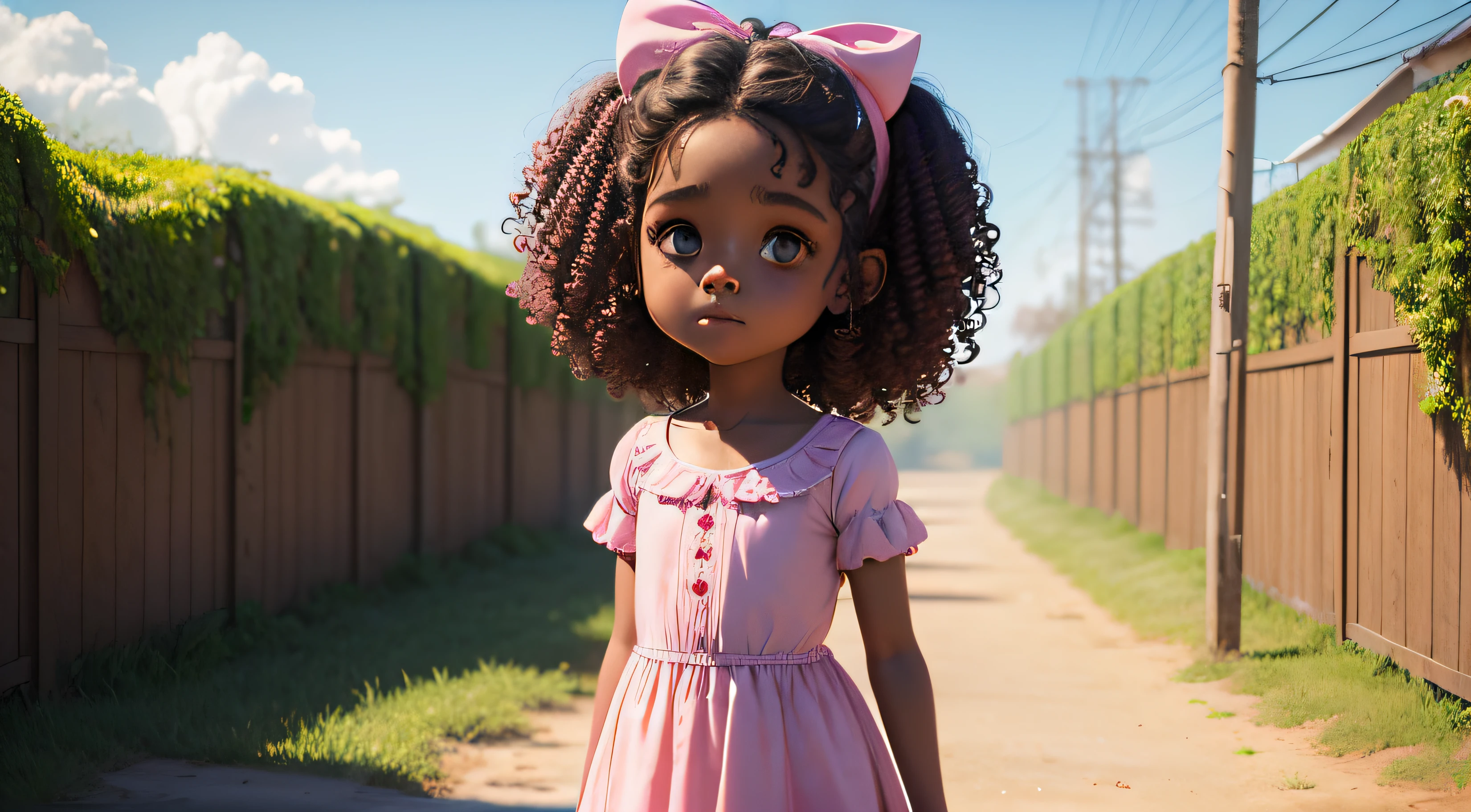 Estilo Pixar, 3 d animation, uma preta, 6 anos, fofa, pequena, with curly hair with pink bows, vestindo um vestido rosa, Alegre, divertido, infantil, em um fundo de quintal florido.