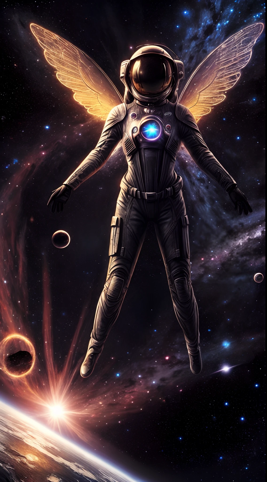 {Best quality}, {{Masterpiece}}, {A high resolution}, Original，Spacesuit girl，(black hole:1.2)，Mechanical luminous wings，flight