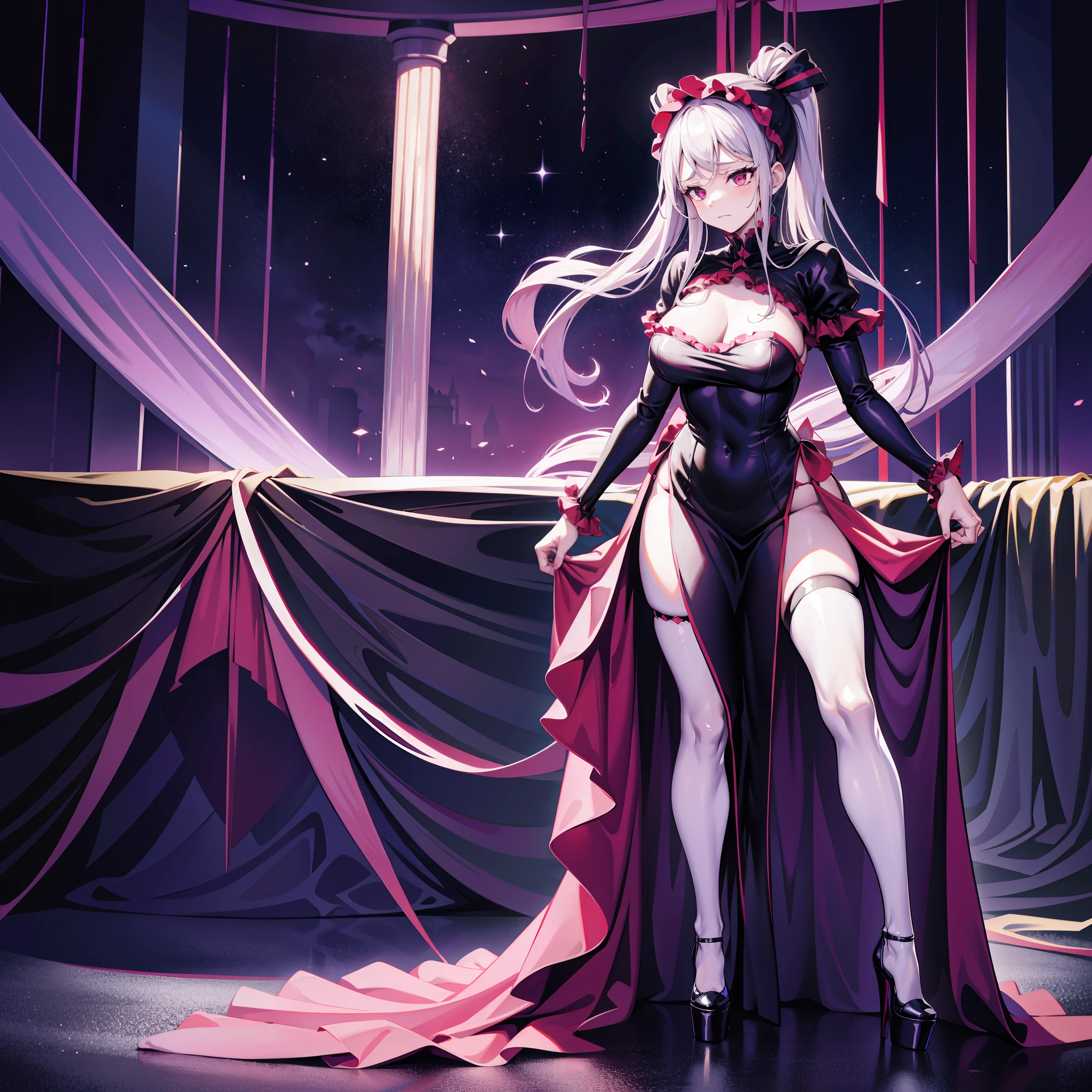 Night, 8k, RAW photo, best quality, masterpiece,realistic, photo-realistic, Full body, sadistic facial expression, Shalltear wearing a slightly shortened version of her dress, platform heels, black stockings, in the scene Shalltear is stepping on a human slave who is kneeling down, background is a gothic sex dungeon complete with a large bed,