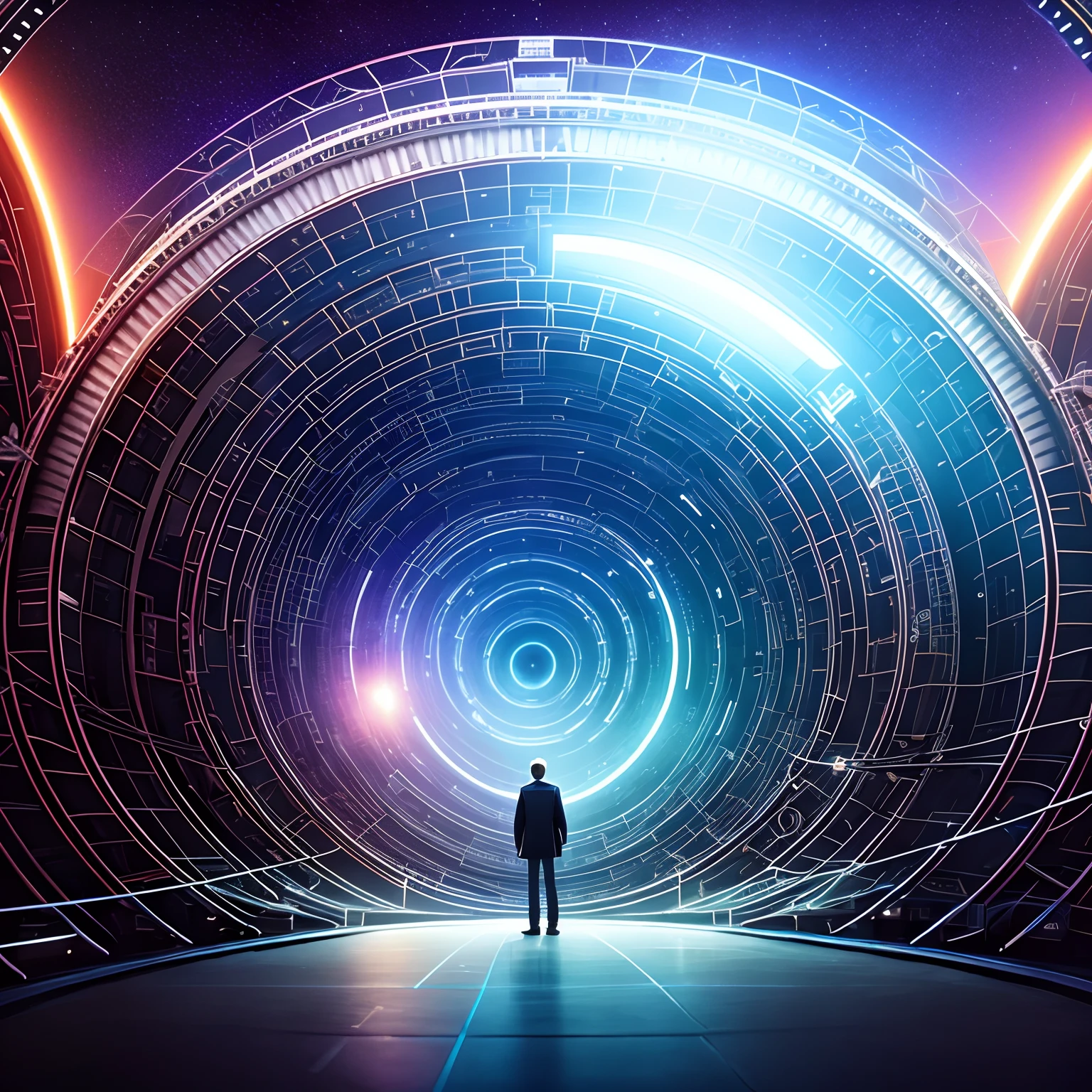 The spaceship travels through a wormhole