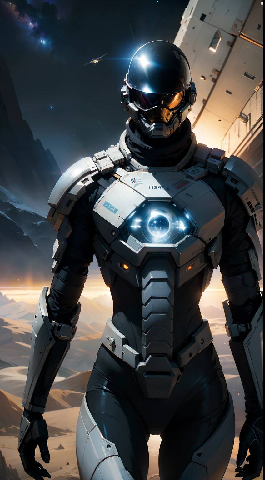 Interstellar，Endless space，A heavily armed warrior fell from the sky，LIGHT OVERHEAD，ssee-through，depth of fields，((Masterpiece))，(Best quality))，Magnificent space image scene，surrealism, Super detail, ccurate, Best quality, hyper HD, Masterpiece, Anatomically correct, A high resolution, 16k