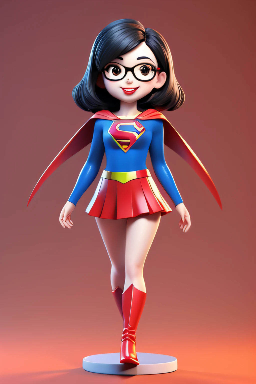 3d character，seductive supergirl，black color hair，wears glasses，prette，lovely，smile（A half body：1.2），simplebackground，a masterpiece of，Best Quority，（red gradient background：1.1）