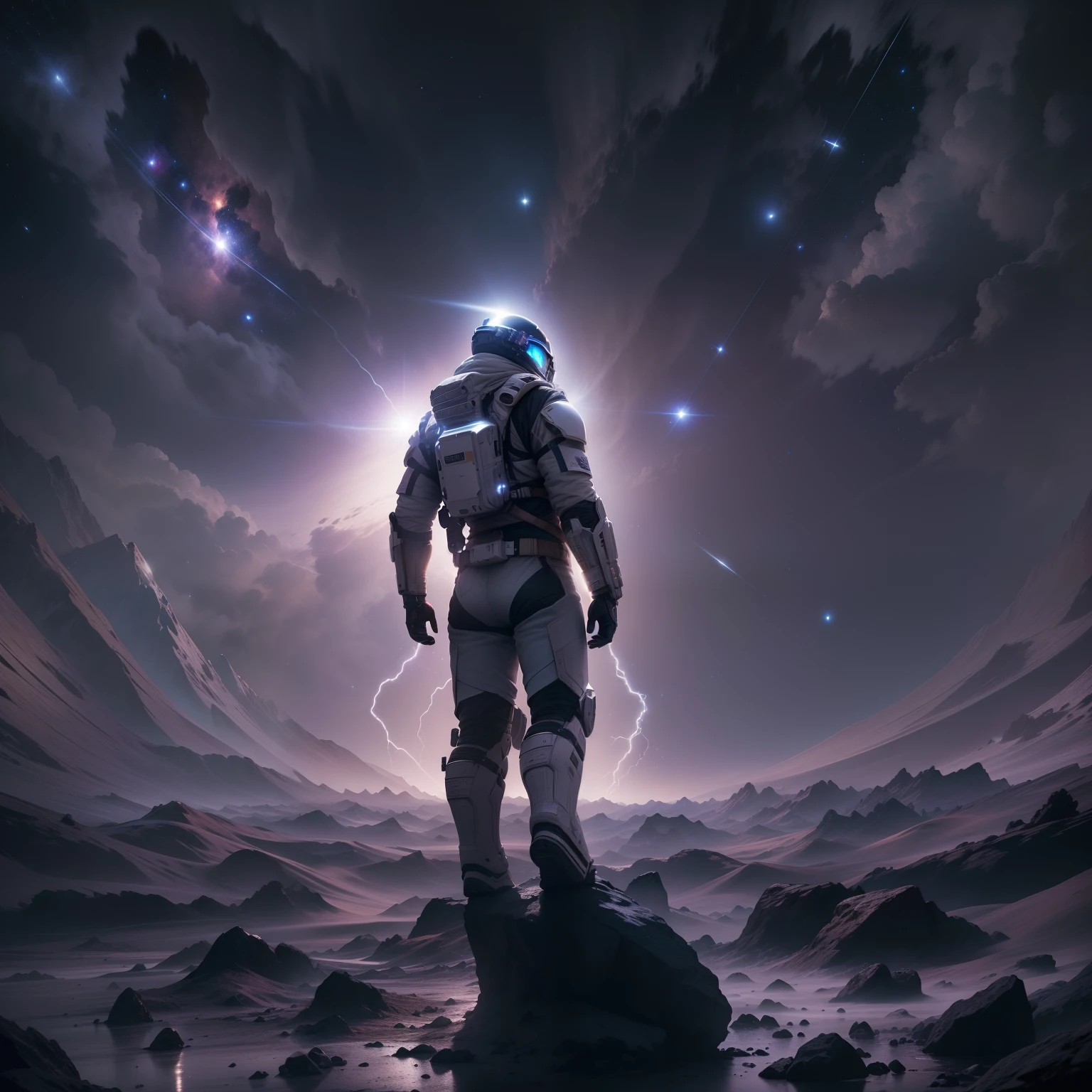 Interstellar，Endless space，A heavily armed warrior fell from the sky，Light overhead，ssee-through，depth of fields，((Masterpiece))，(Best quality))，Magnificent space image scene，surrealism, Super detail, ccurate, Best quality, hyper HD, Masterpiece, Anatomically correct, A high resolution, 16k