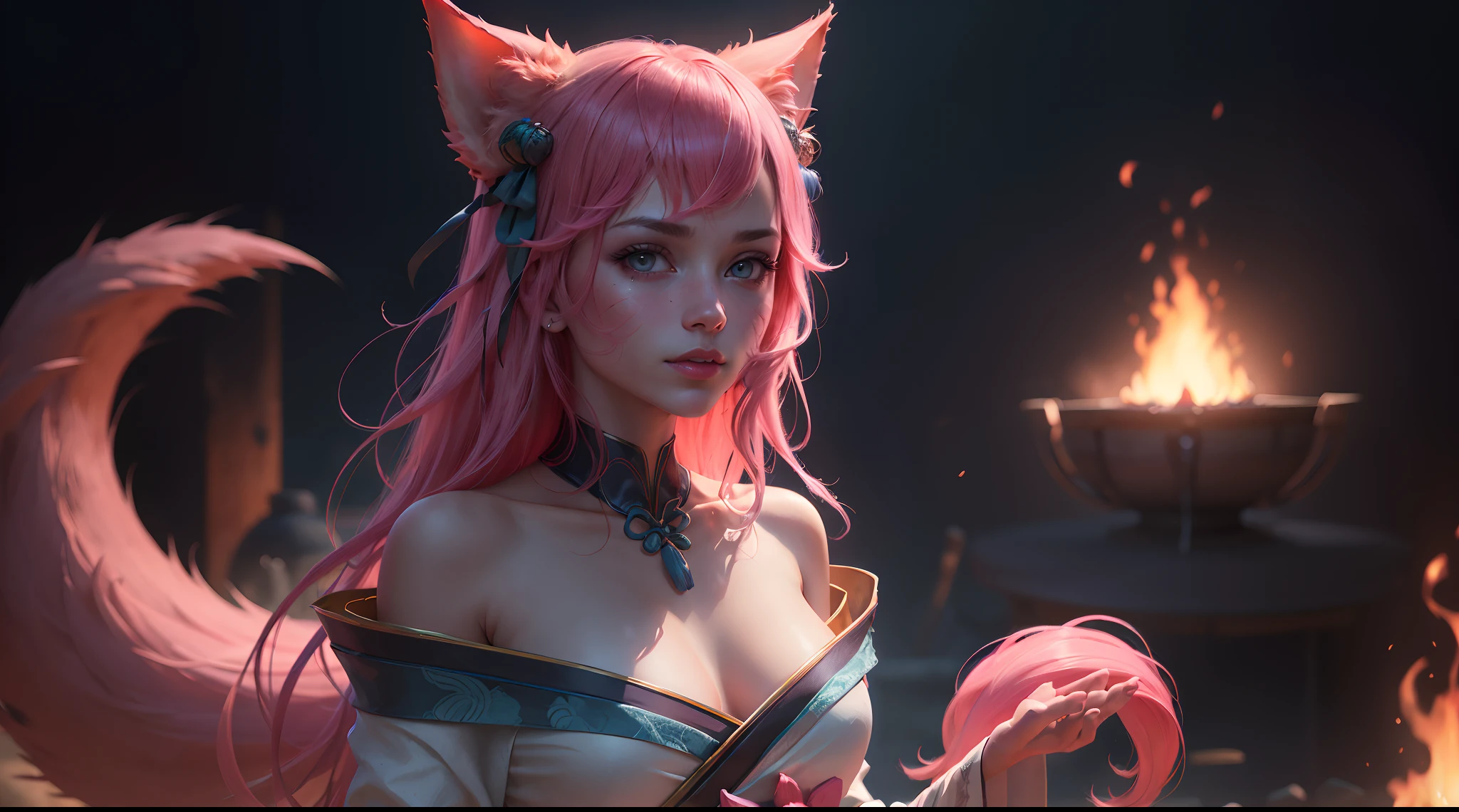 (masterpiece, best quality), intricate detail, ah4, pink hair, facial mark, multiple tails, fox tail, japanese clothes, bare shoulders, 1 girl, solo, portrait, lookin at viewer, cinematic, dark atmosphere, dark fire burning background, volumetric lighting, upper body, black background