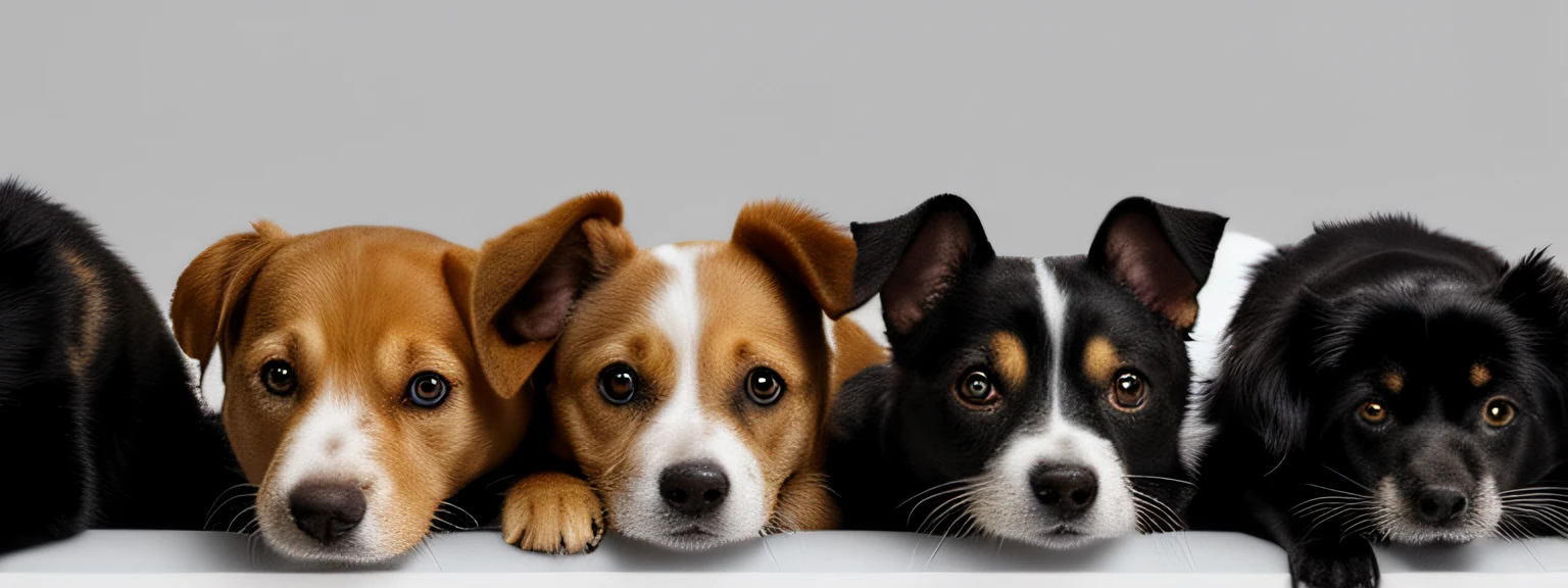 there are four dogs and three cats standing behind a white board, pet animal, pets, cute animals, cat dog teddy mix, animals, cat theme banner, best on adobe stock, highly detailed composition, all looking at camera, three animals, paws on head, by Tadashi Nakayama, looking this way, clean white lab background, full width, 2 animals